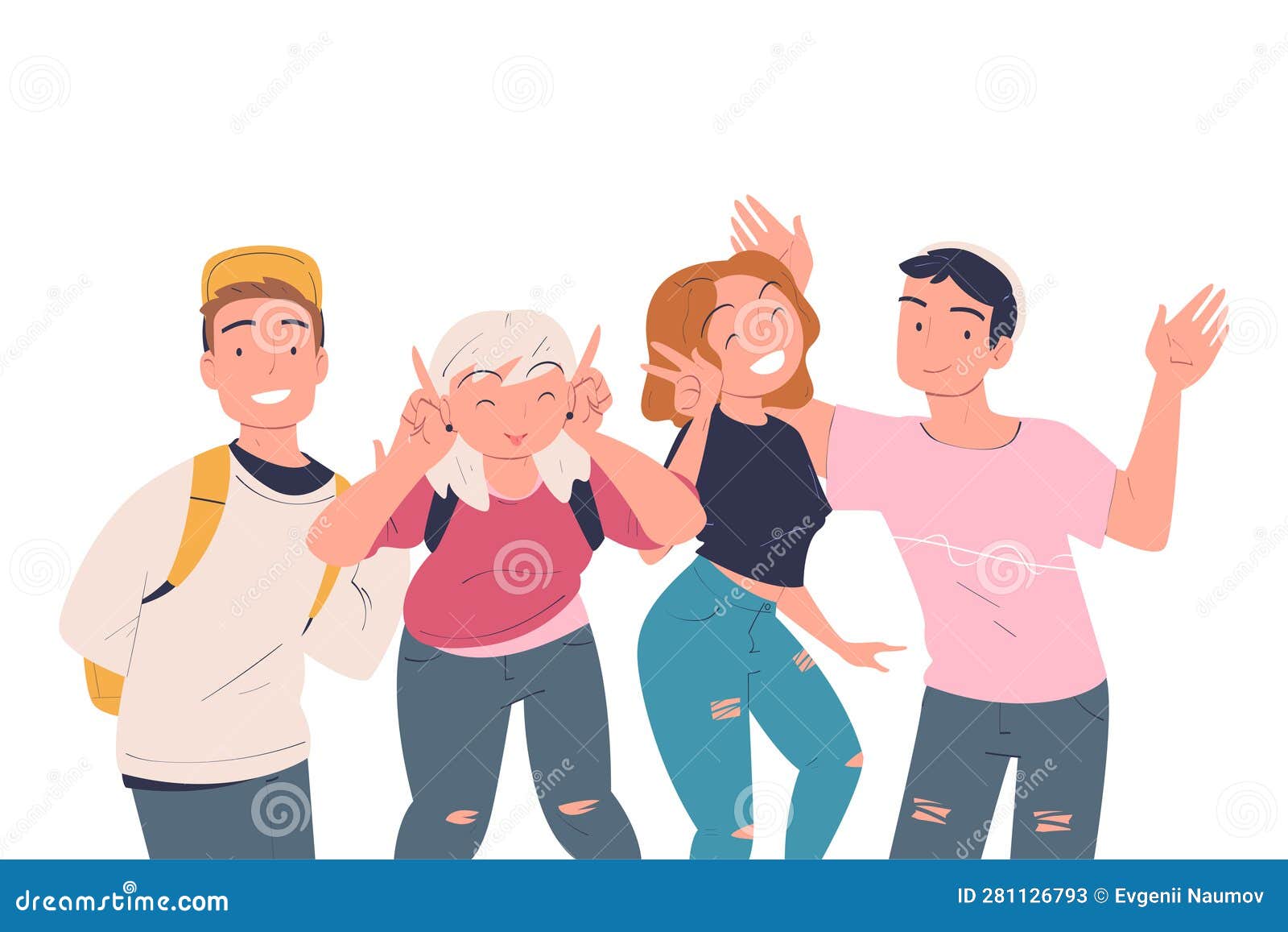 команда счастливых людей, стоящих вместе, махая рукой и улыбаясь ...