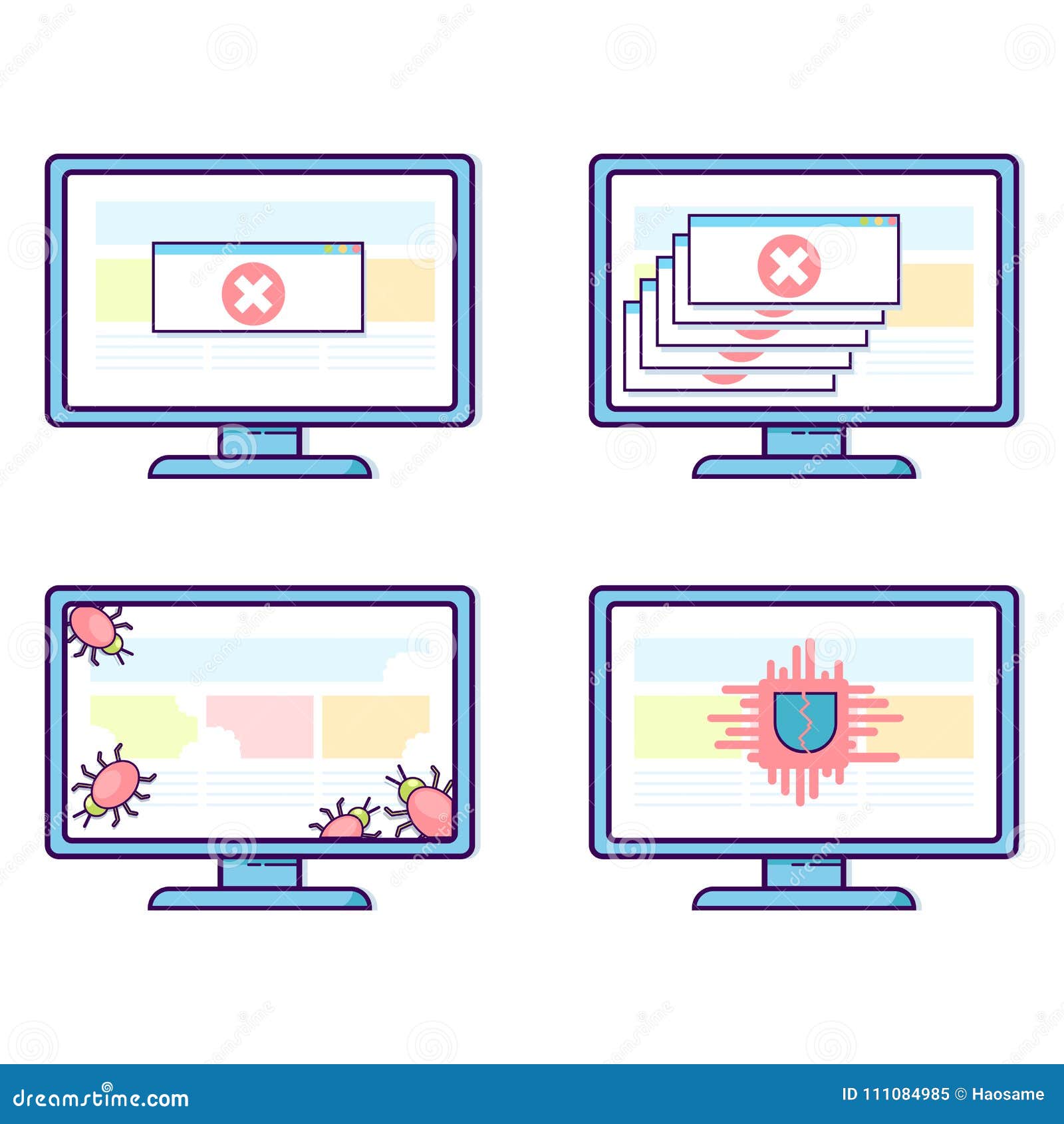 Комплект вектора компьютеров с различными проблемами безопасности: вирусы, смертоносные аварии, троянец Плоская линия иллюстрация дизайна изолированная на белой предпосылке