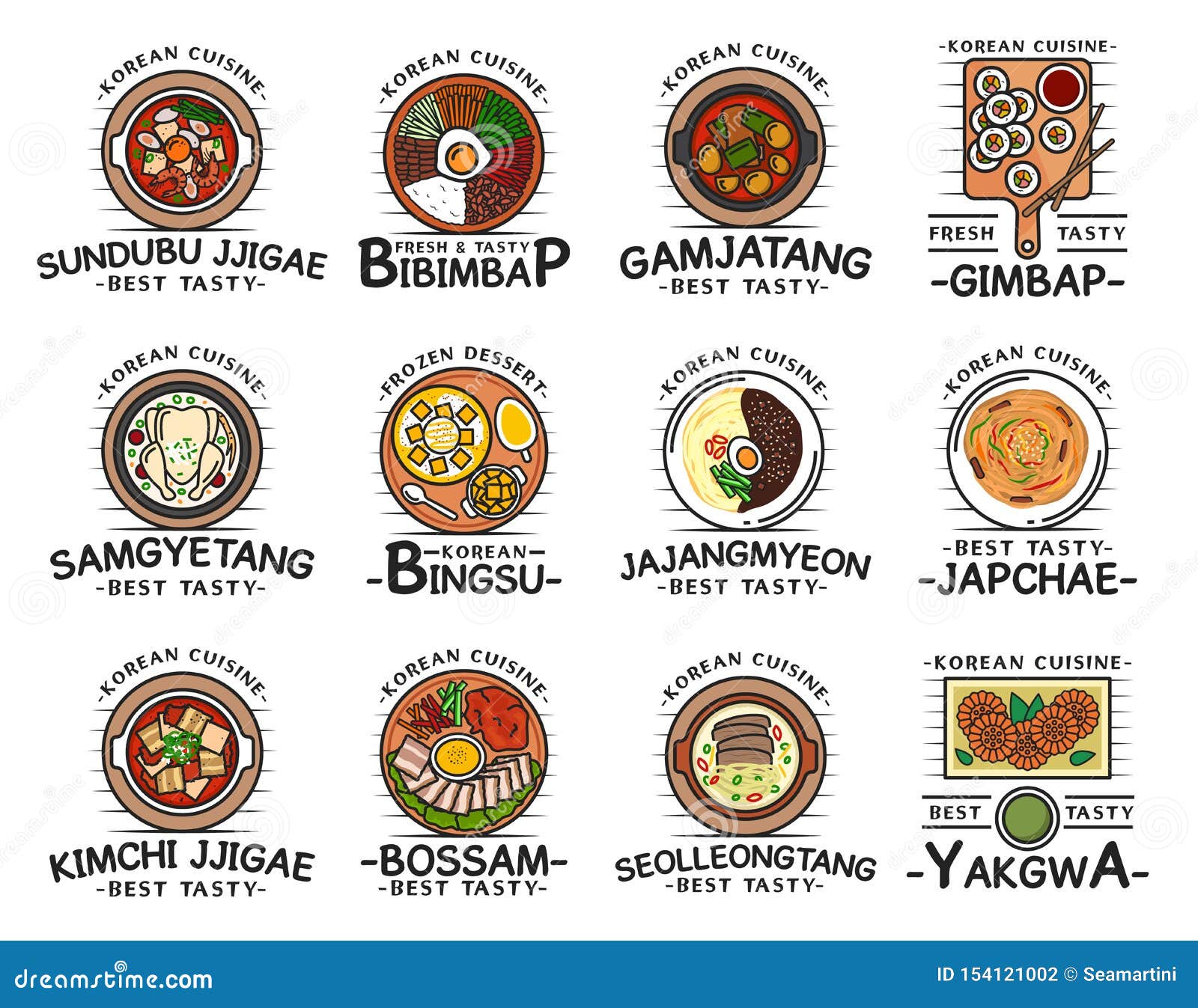 Корейская еда кухни, блюда меню кафа ресторана Иллюстрация вектора ...