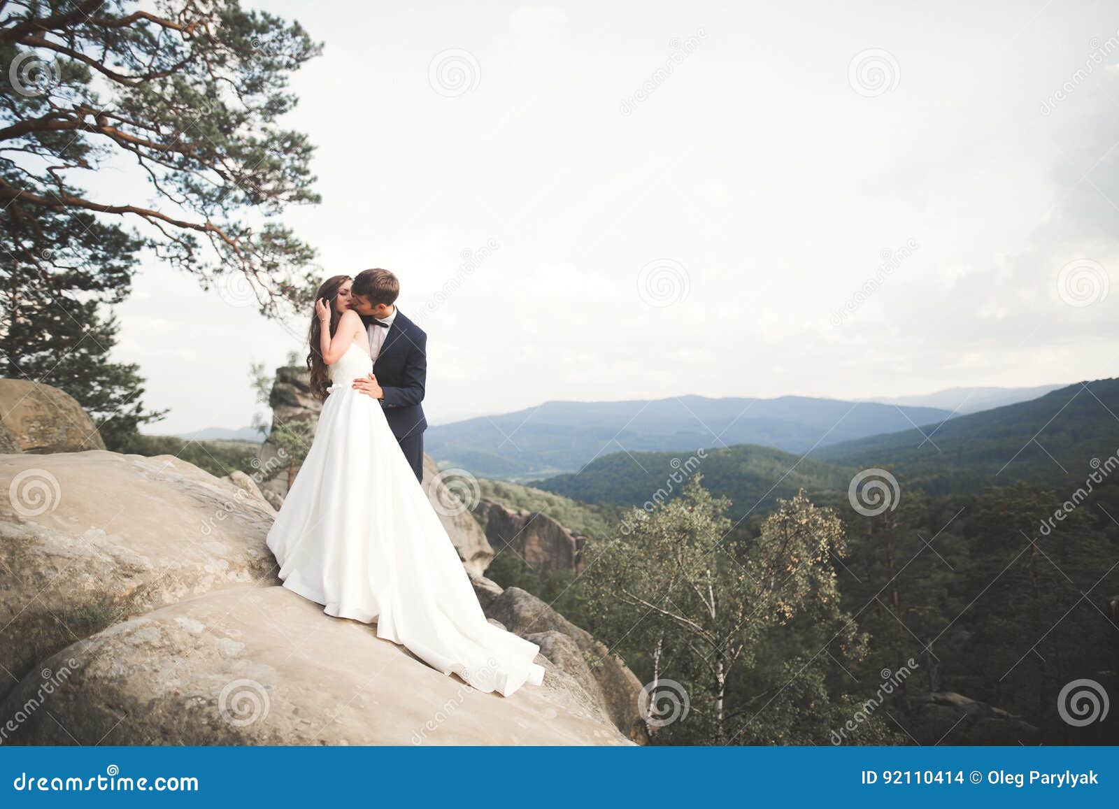 Красивые счастливые молодые пары свадьбы представляя на предпосылке скалы утеса