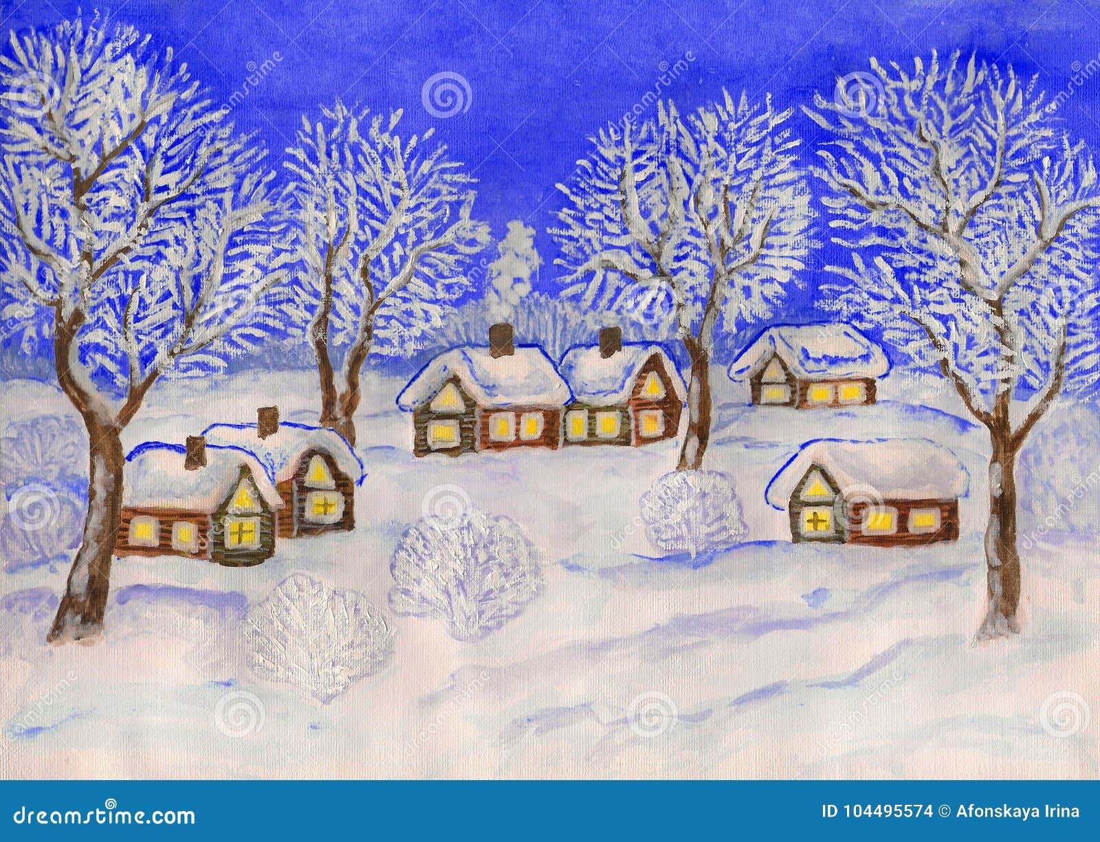 Рисунок для детей деревья, дома, зима