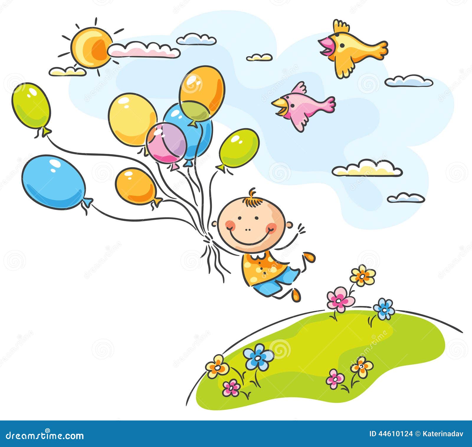 Нарисованные дети летящие на воздушных шариках