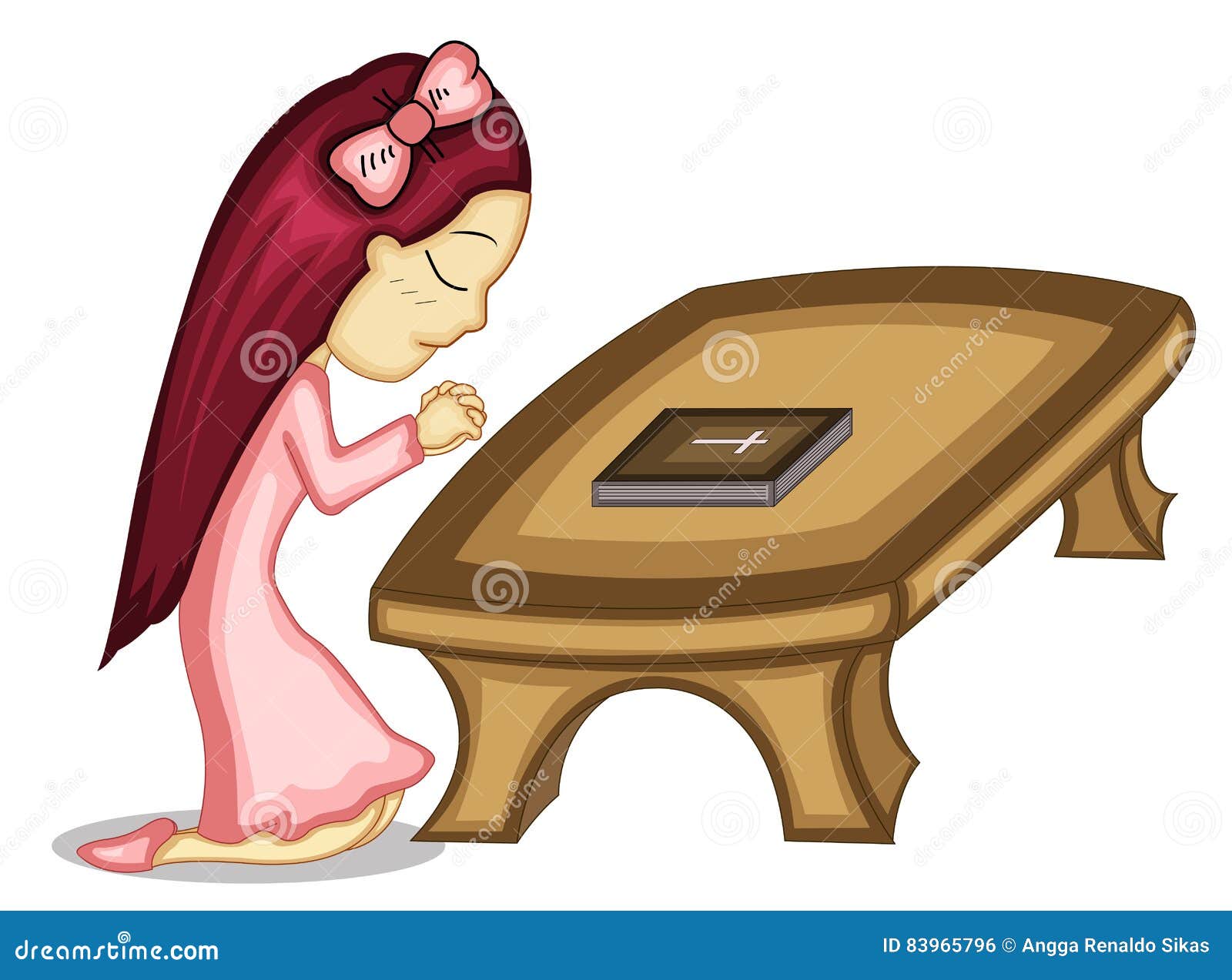 Маленькая девочка моля с библией на таблице Иллюстрация вектора ...