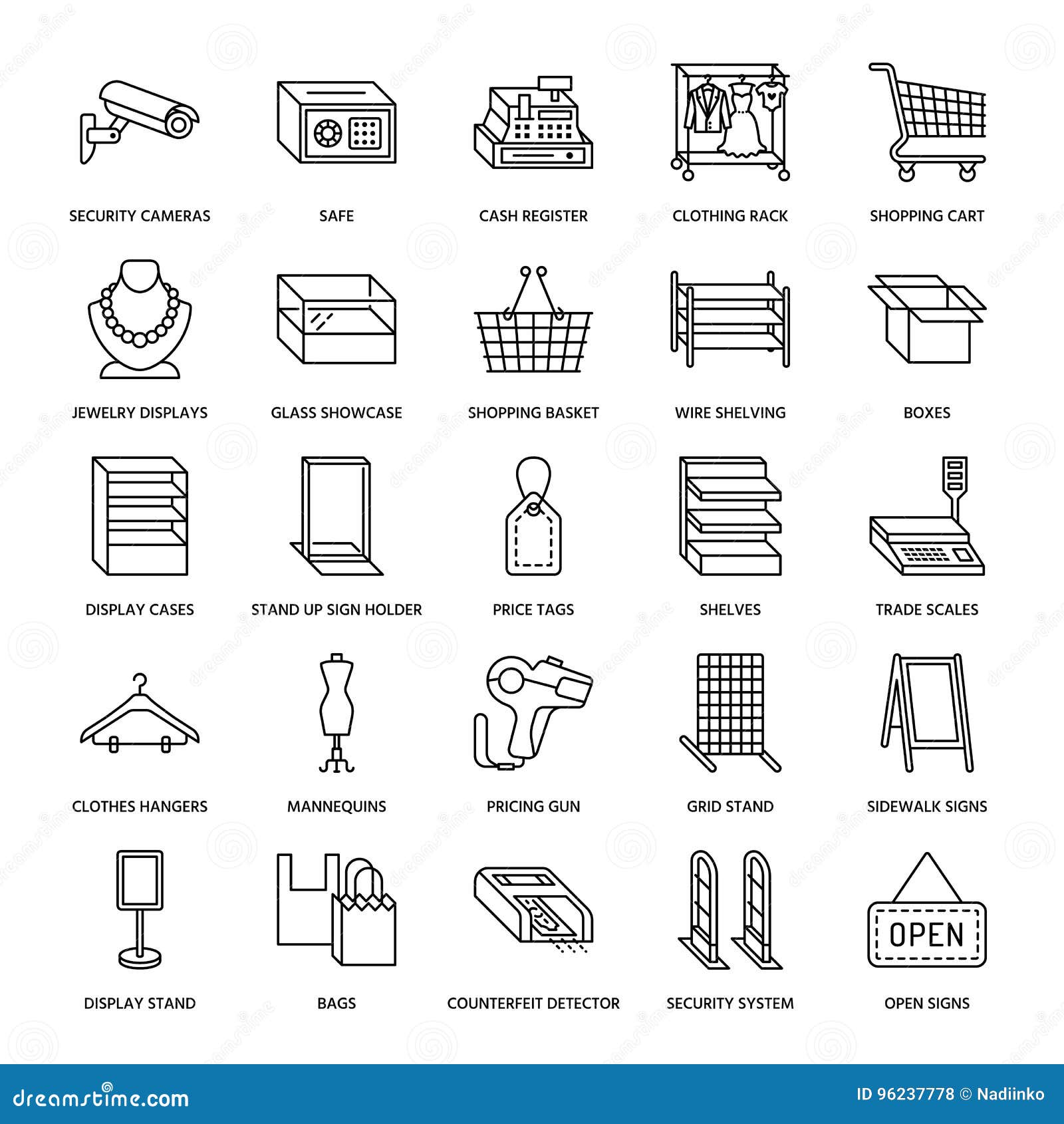 Магазин розничной торговли поставляет плоскую линию значки Торговые