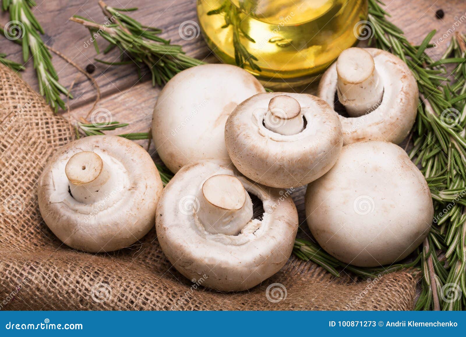 Малая куча свежих, органических champignons с розмариновым маслом и бутылки масла на деревянной предпосылке осень яблока миражиру. Изображение конца-вверх больших естественных белых грибов на коричневой деревянной предпосылке Прозрачная емкость вполне масла солнцецветов желтых и sprigs свежего розмаринового масла на деревенской ткани