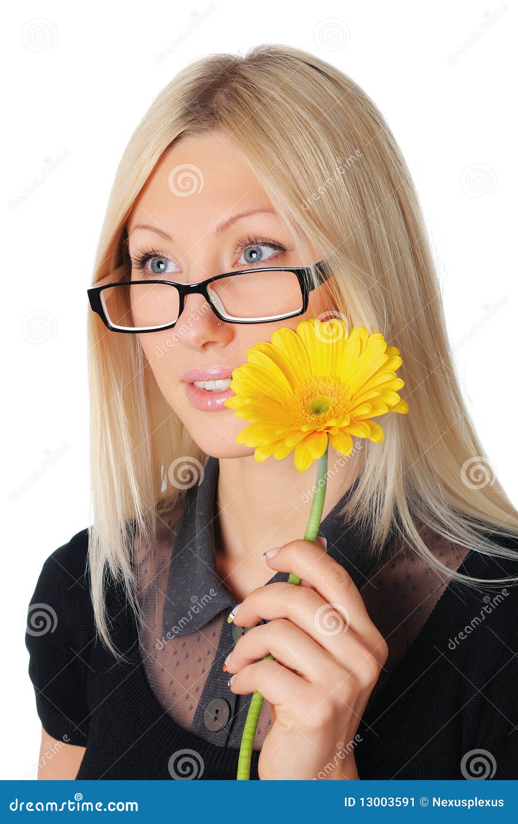Молодая прелестно женщина дела в темном платье играя с желтым цветком