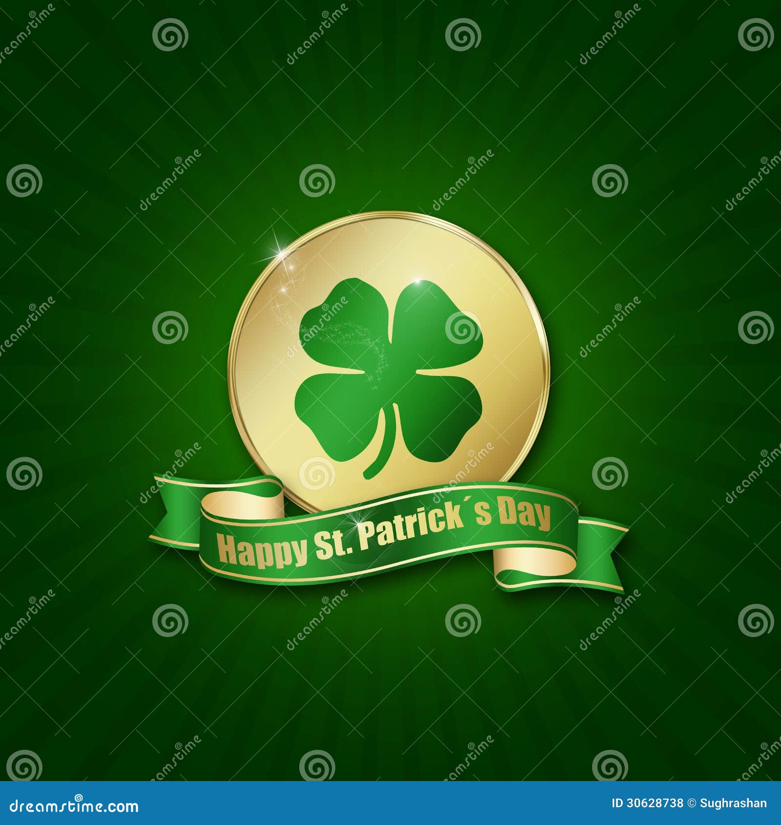 Монетка дня St. Patrick с приветствием. Иллюстрация дня St. Patrick: Золотая монетка с shamrock и лента с приветствием на зеленой предпосылке.