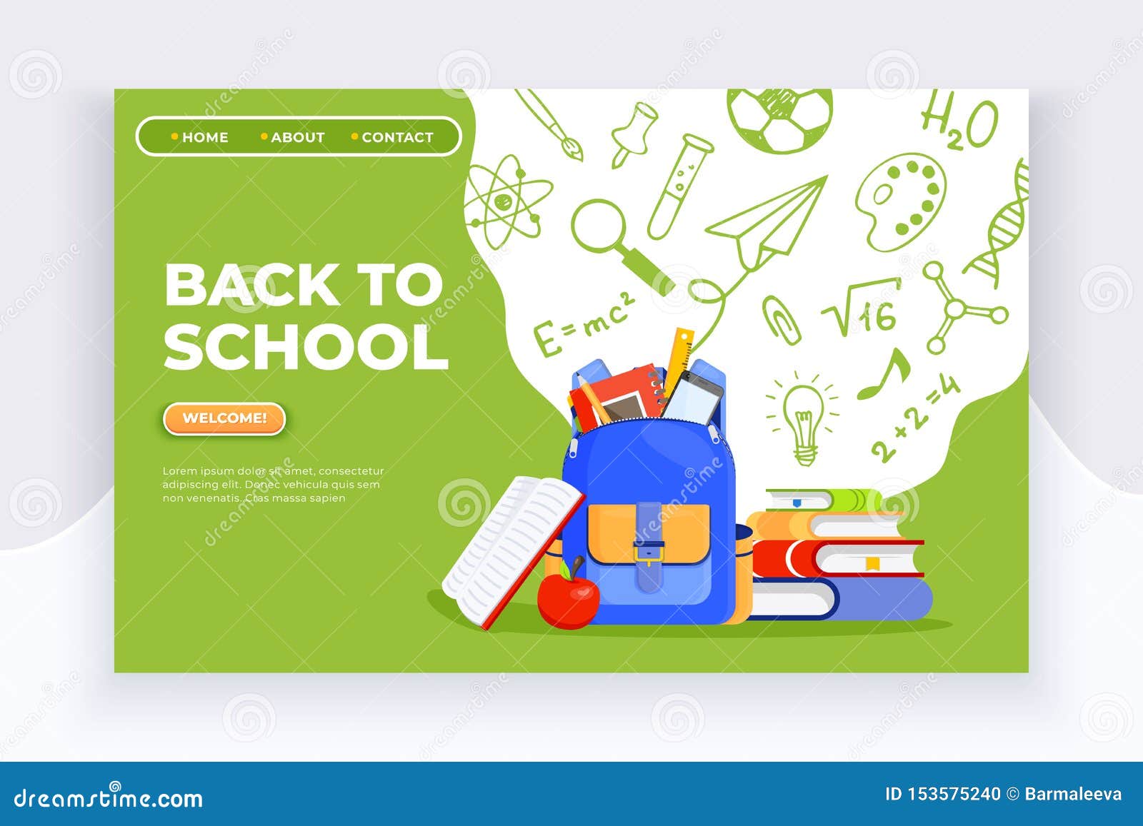 Назад к знамени школы Рюкзак, яблоко, книги и школьные принадлежности ...