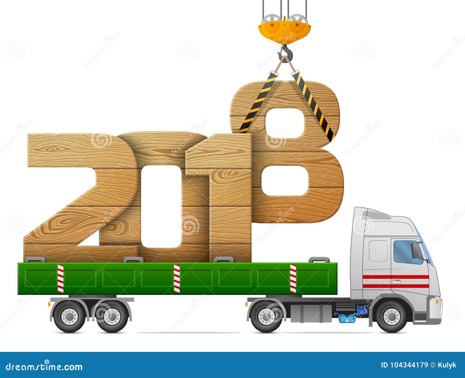 Новый Год 2018 грузоподъемностей крана древесины. Большой деревянный номер года внутри подпирает тележки Самое лучшее изображение вектора на Новые Годы день, рождество, транспорт, зимний отдых, Новые Годы кануна, перевозить на грузовиках, silvester, etc