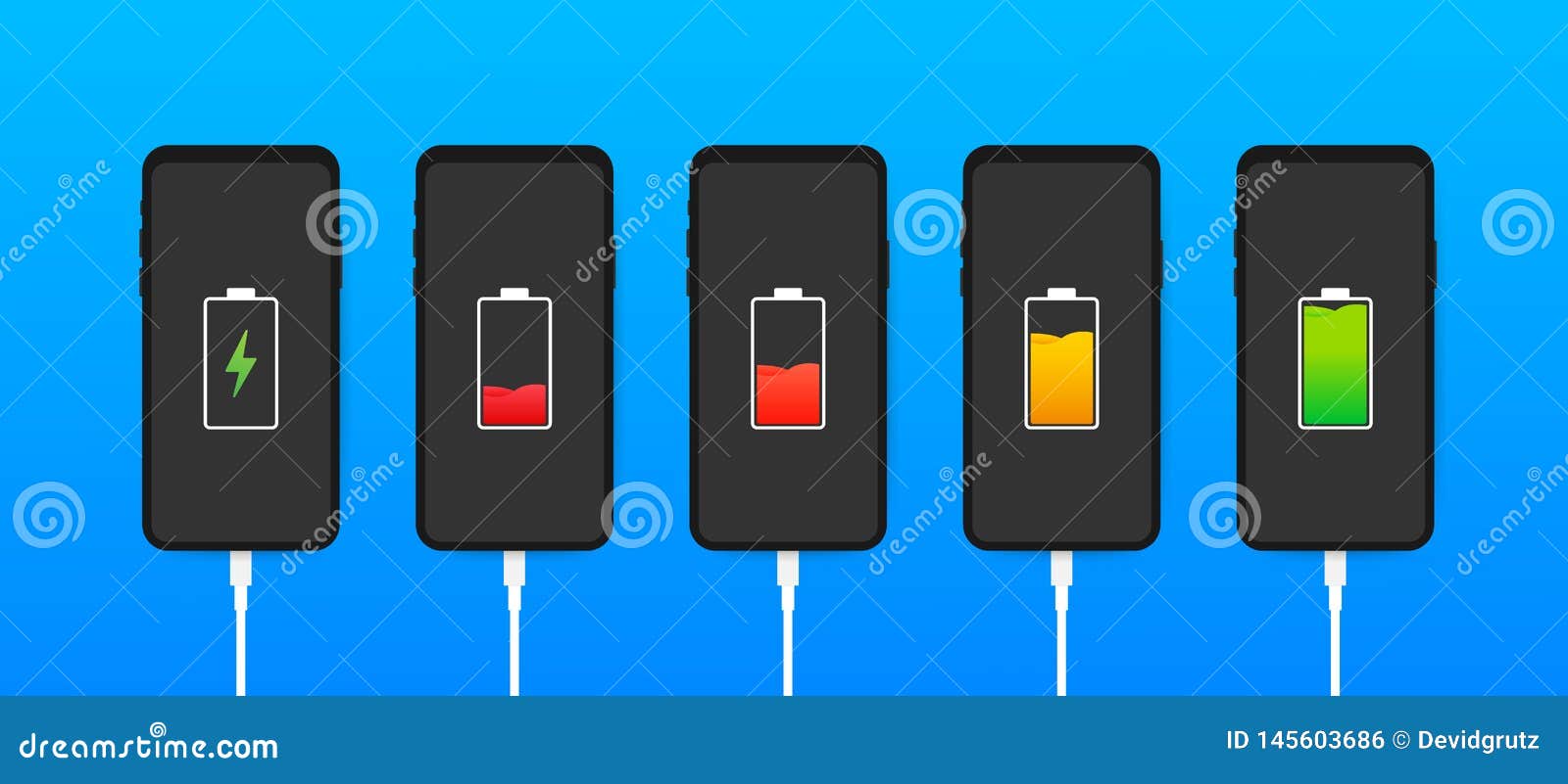 Set of Smartphones with Battery Charge Level Indicators and with USB