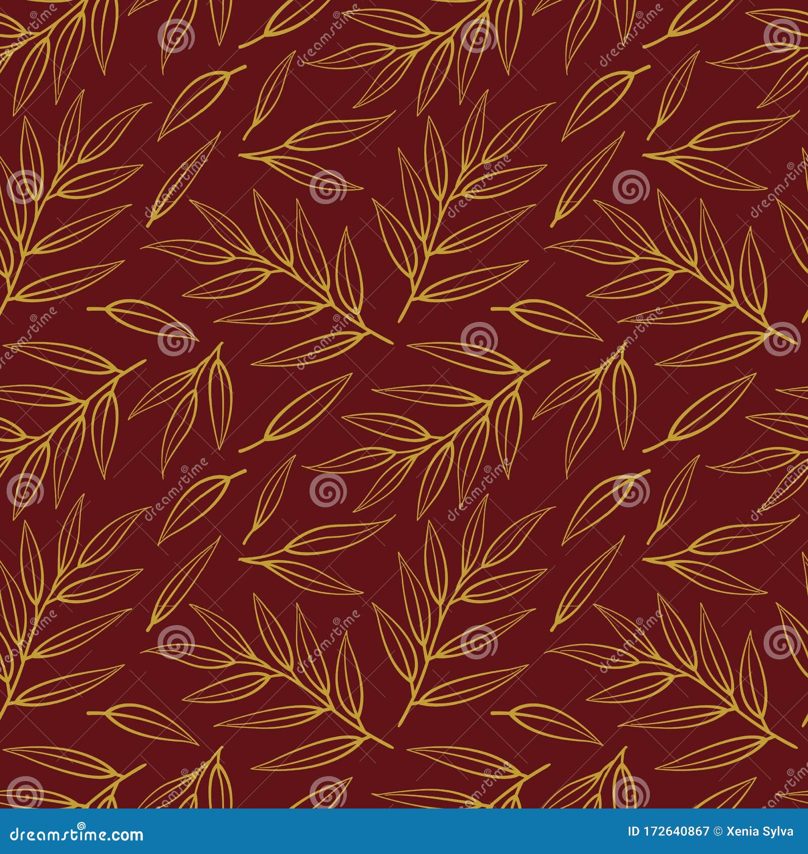 Vector Seamless Pattern with Gold Leaves on Twigs on Dark Red