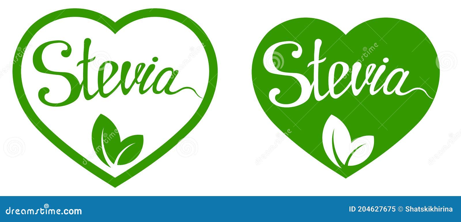 Stevia Leaf Lettering Label. Green Heartshaped Icon or Logo. Natural