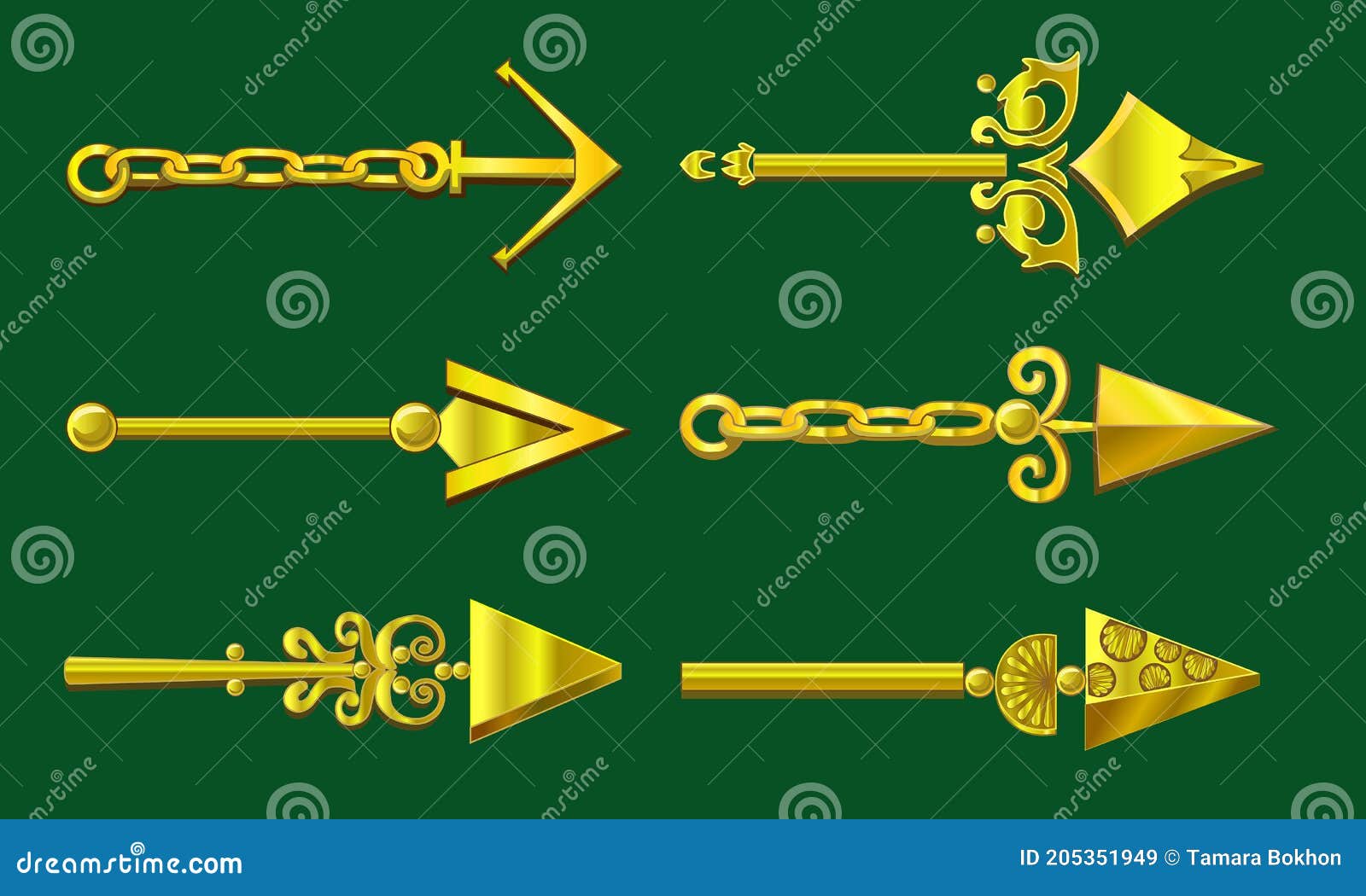 Gold Arrows. Gold Colored Nautical Markers Stock Vector Illustration