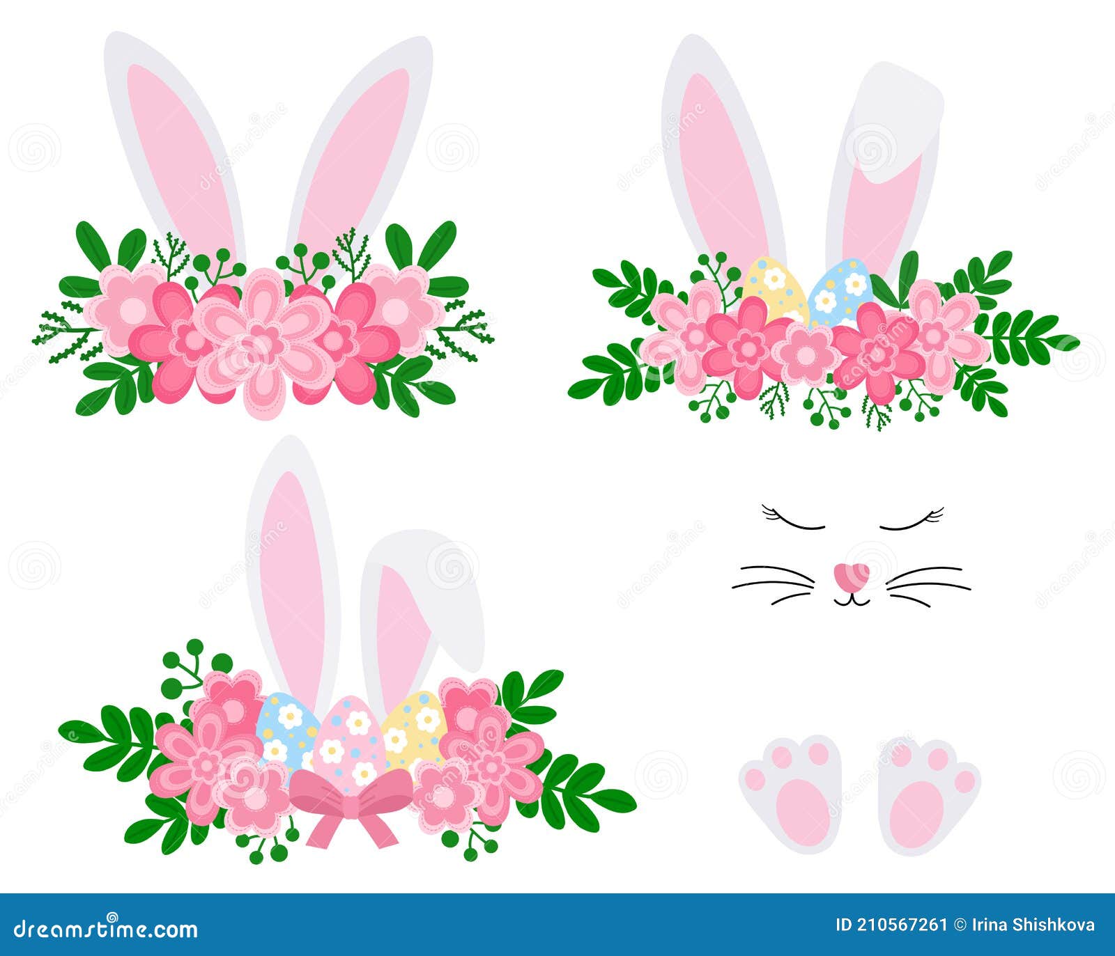 Cute Easter Bunny Ears with Flowers Vector Illustration Stock