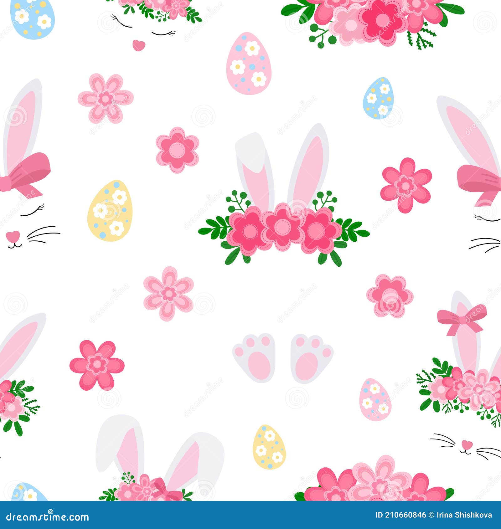 Seamless Pattern Cute Easter Bunny Ears with Flowers Vector