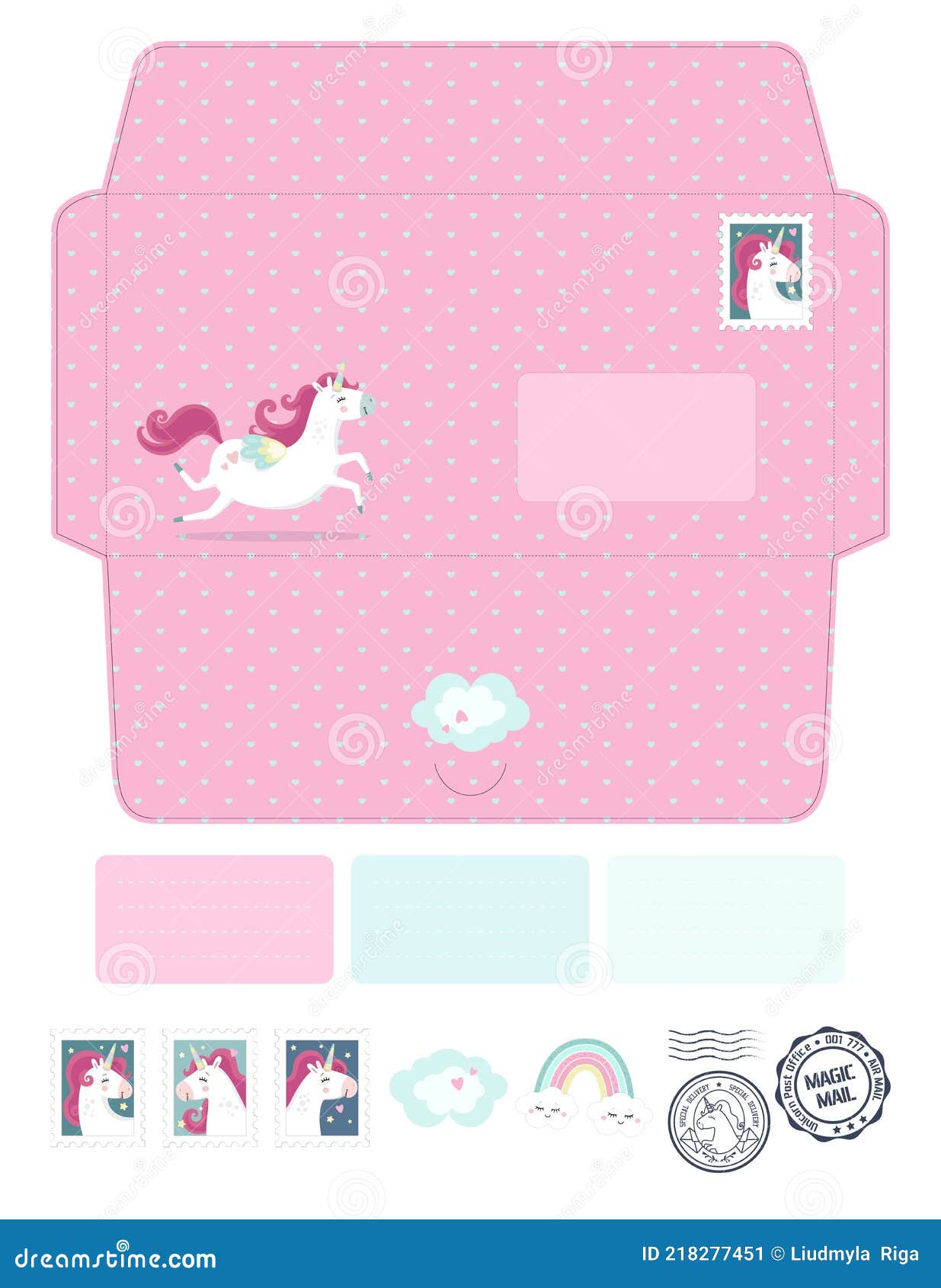 Magic Vector Die Laser Cut Envelope Template with Unicorns. Stock Vector - Illustration of ...