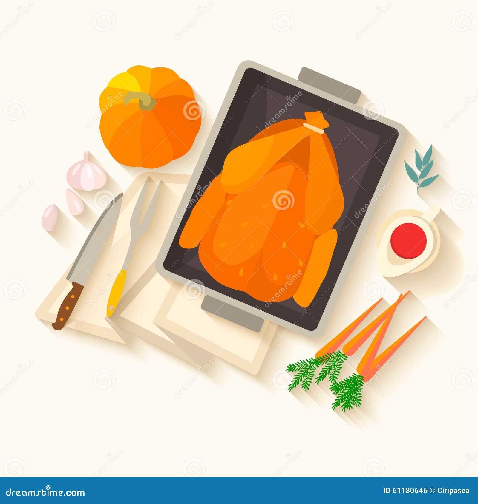 Плоская карточка приглашения дизайна для обедающего благодарения Типичный праздничный обедающий: зажарьте в духовке индюка, соуса клюквы, тыквы, овощей Его можно использовать для меню, кулинарного блога, приглашений к обедающему