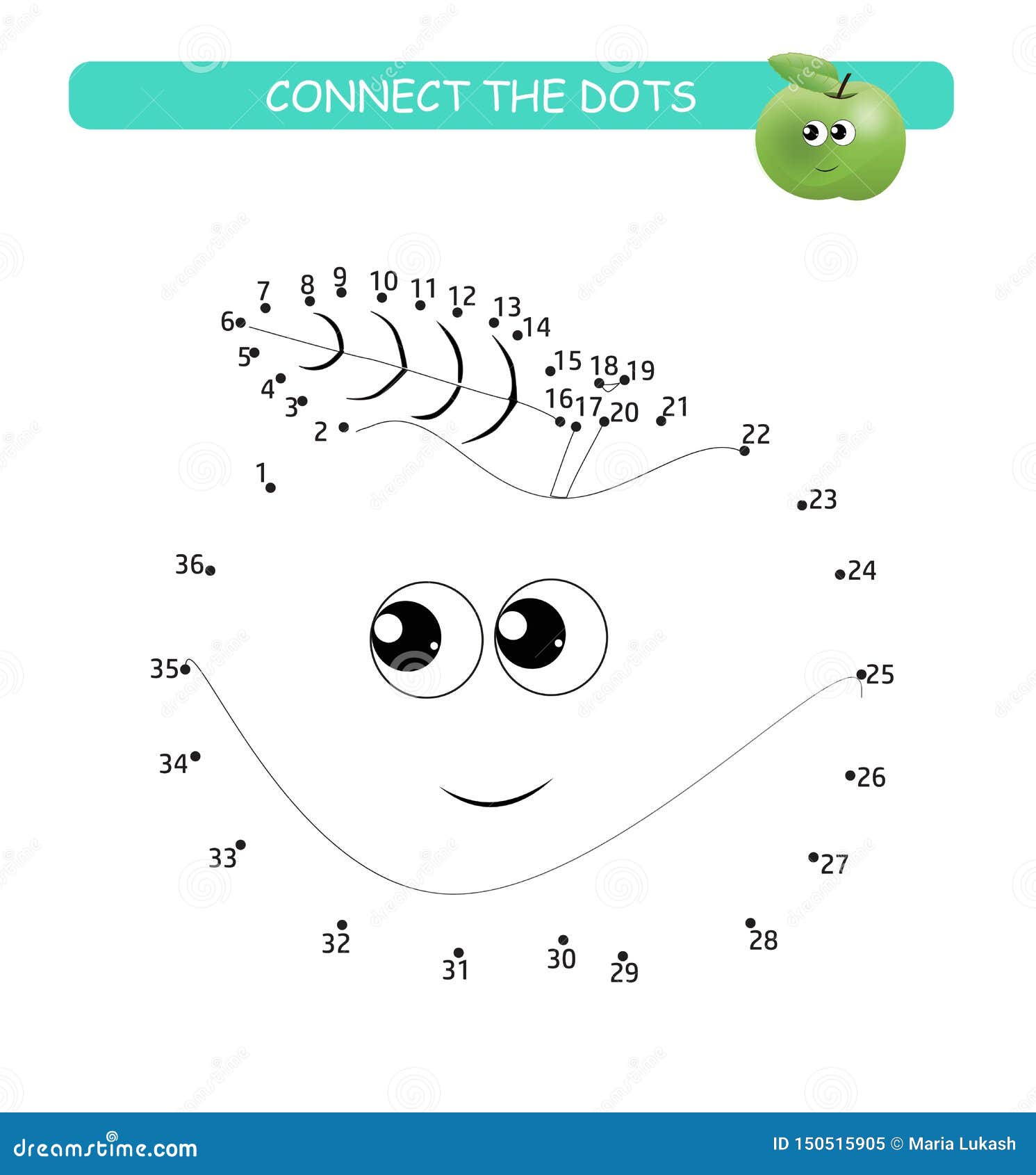 Connect the Dots and Color. Cute Apple. Cartoon Illustration of Game
