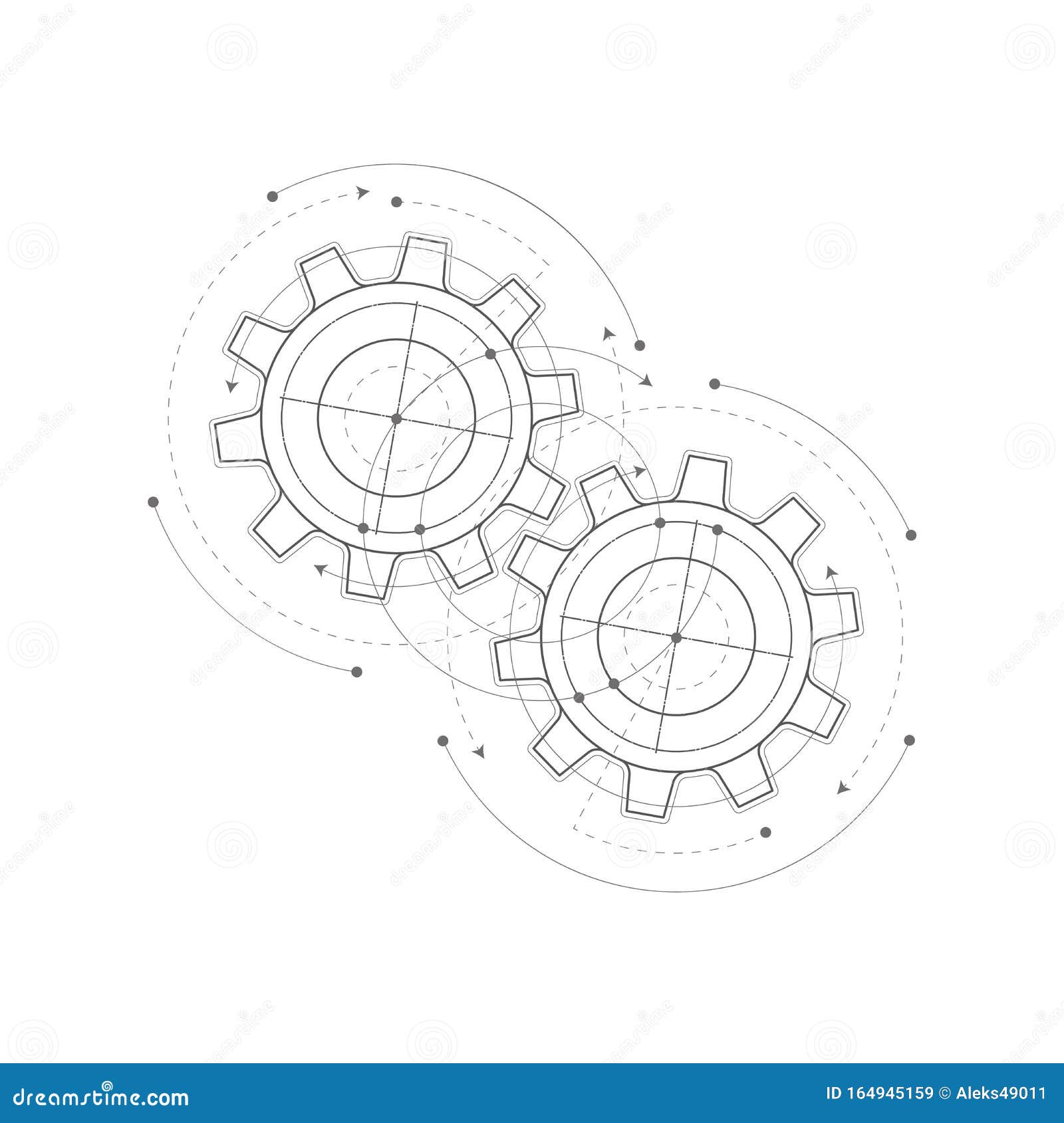 Technical Drawing of Gears .Rotating Mechanism of Round Parts .Machine Technology. Vector