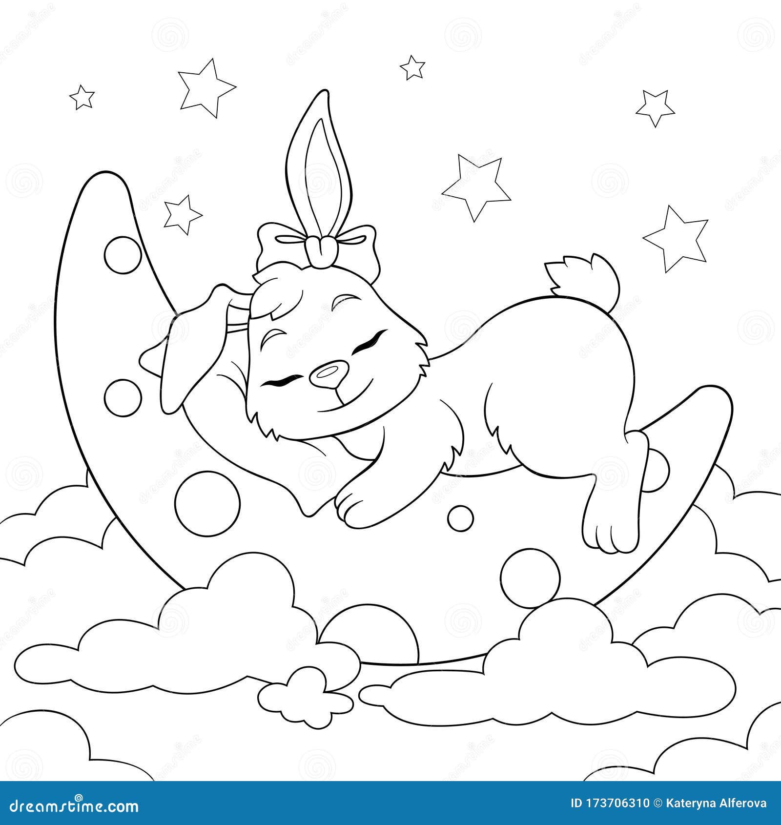 Cute Cartoon Bunny Sleeping on the Moon in Clouds. Black and White ...