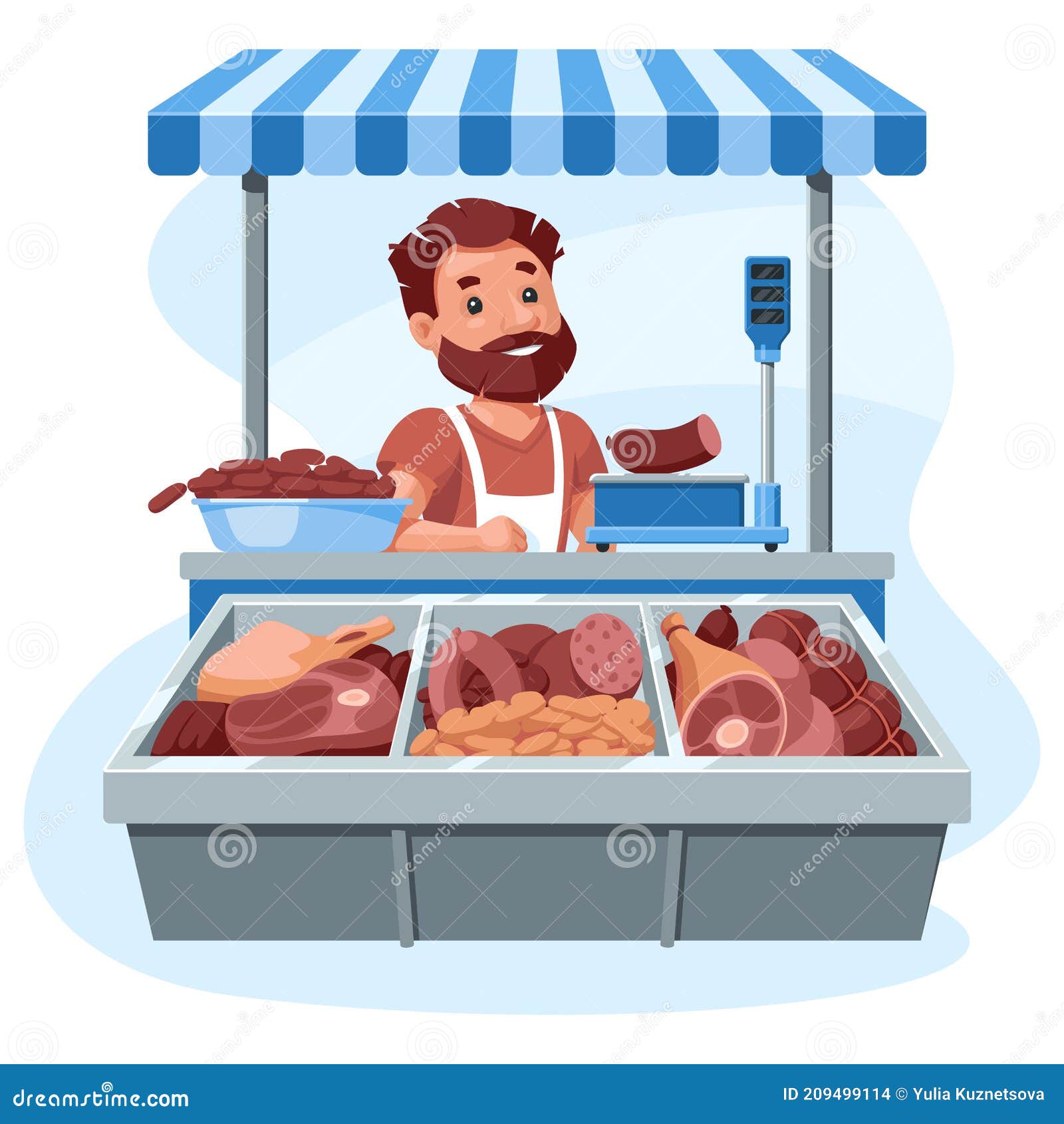 Meat Stall, a Salesman Behind a Counter Sells Sausages, Meat and