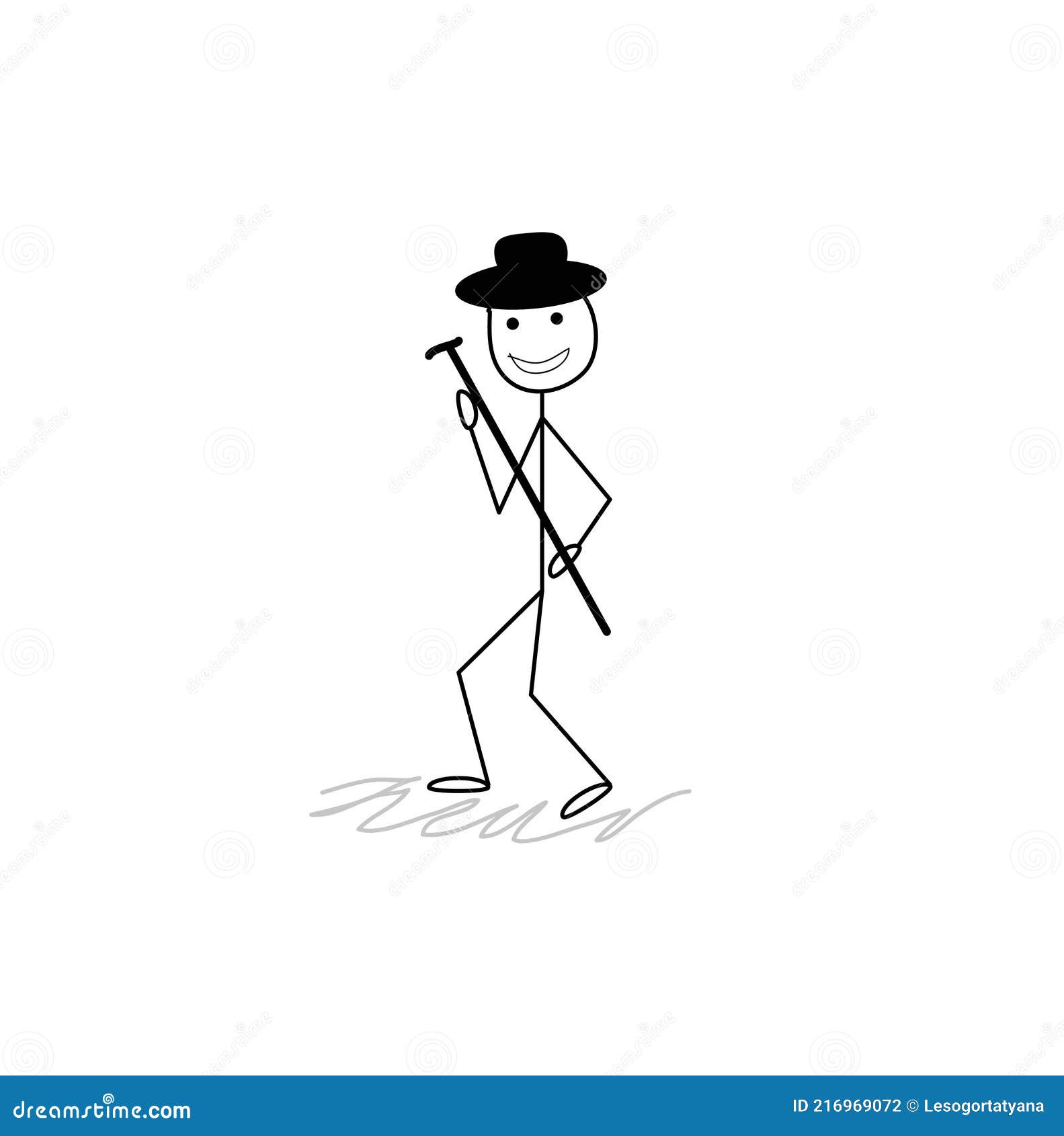 A Happy Stick Man Wearing a Hat and Carrying a Cane Walks Stock Vector