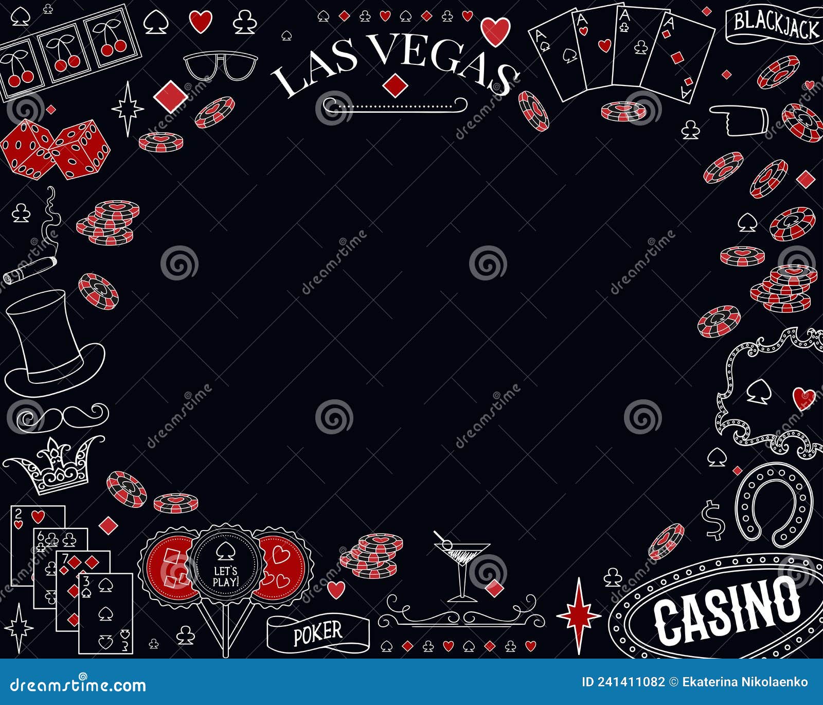 Casino Theme Poster. Decorative Design Elements on Chalkboard. Gambling Symbols Stock Vector