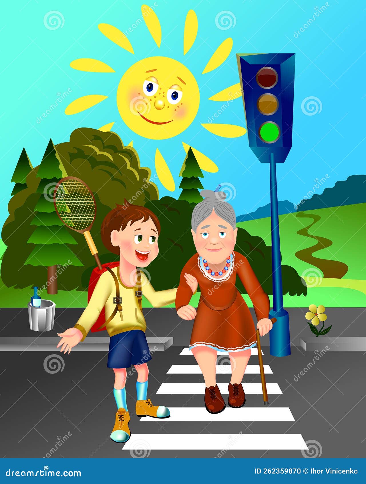 Grandson Helps Grandmother Cross the Road. Stock Vector - Illustration ...