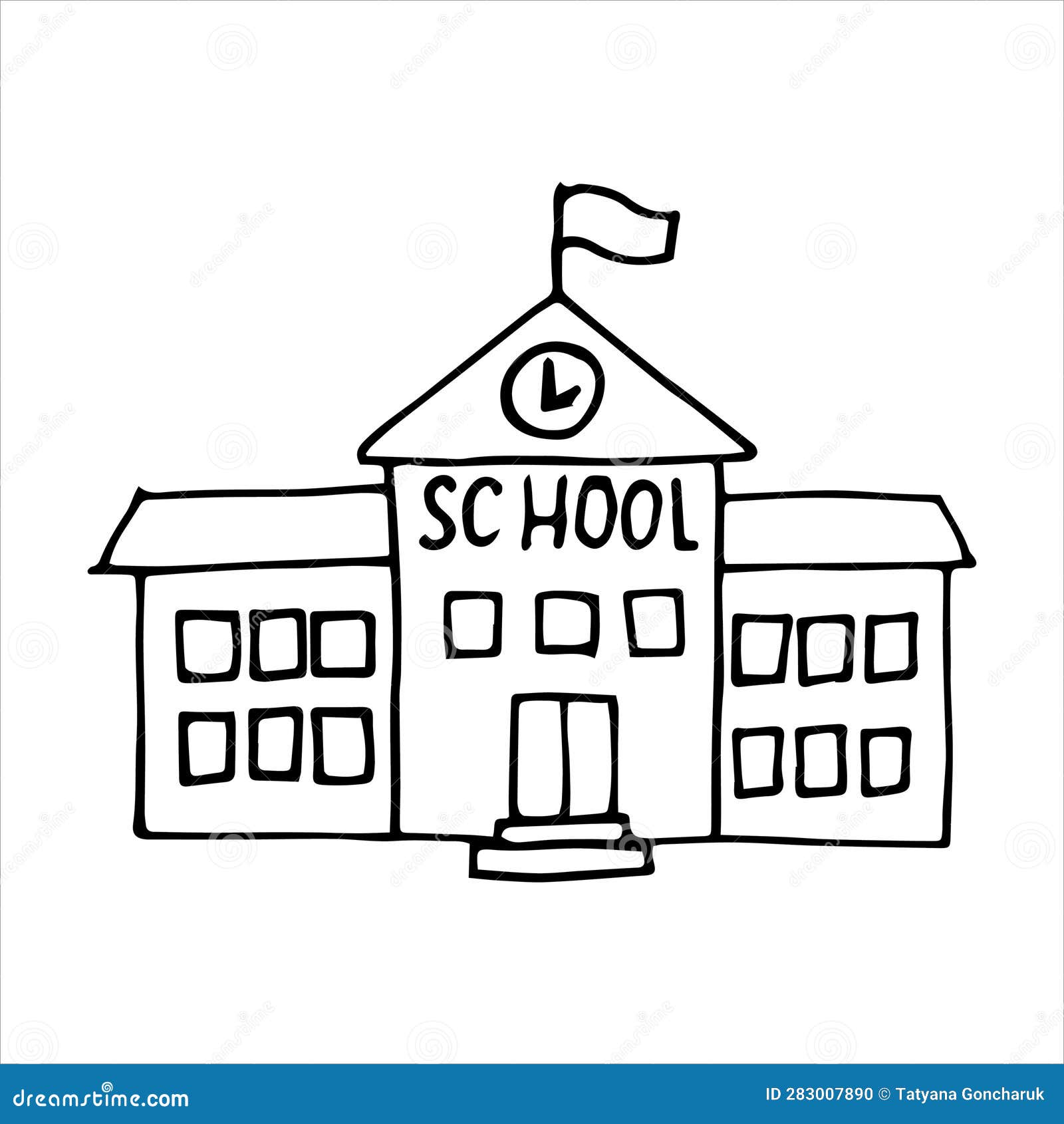Vector Drawing in Doodle Style. School Building. Simple Line Drawing