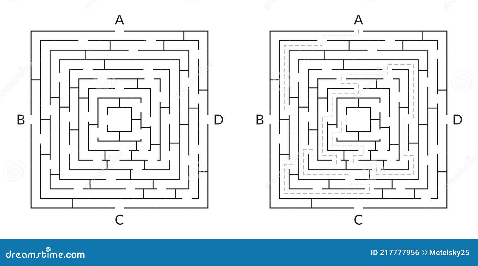 Labyrinth Game. Square Maze. Find the Way Game. Exit and Entrance Puzzle Stock Vector