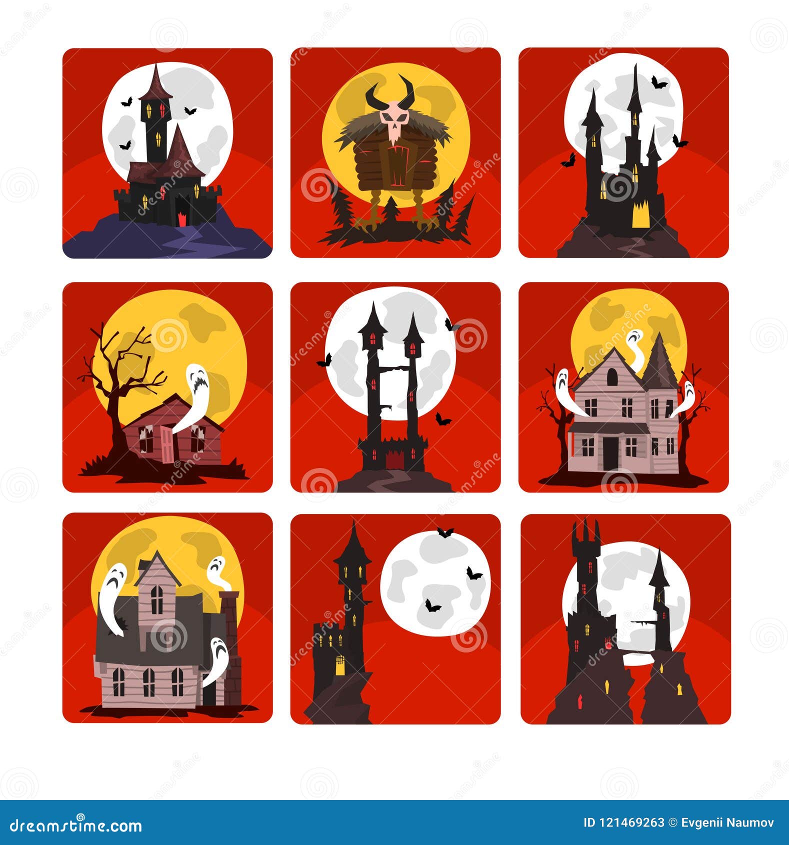 Плоский комплект вектора страшных замков с полнолунием и летучими ...