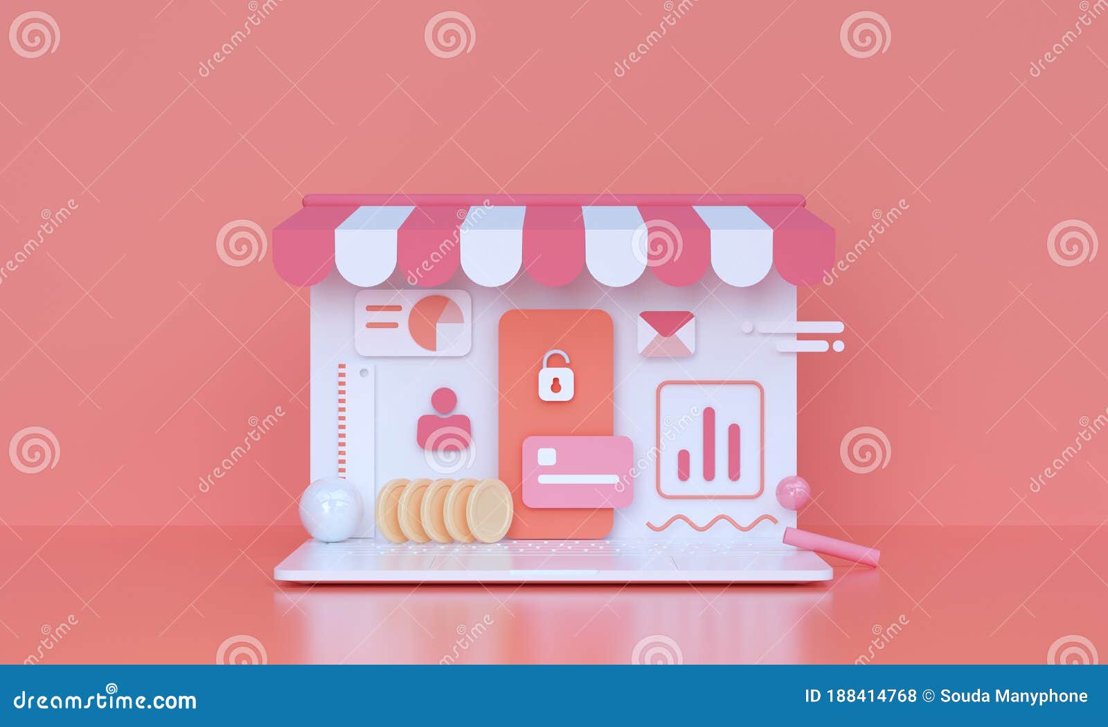 Покупки через интернет и маркетинговая концепция 3d, представляющих фон ...