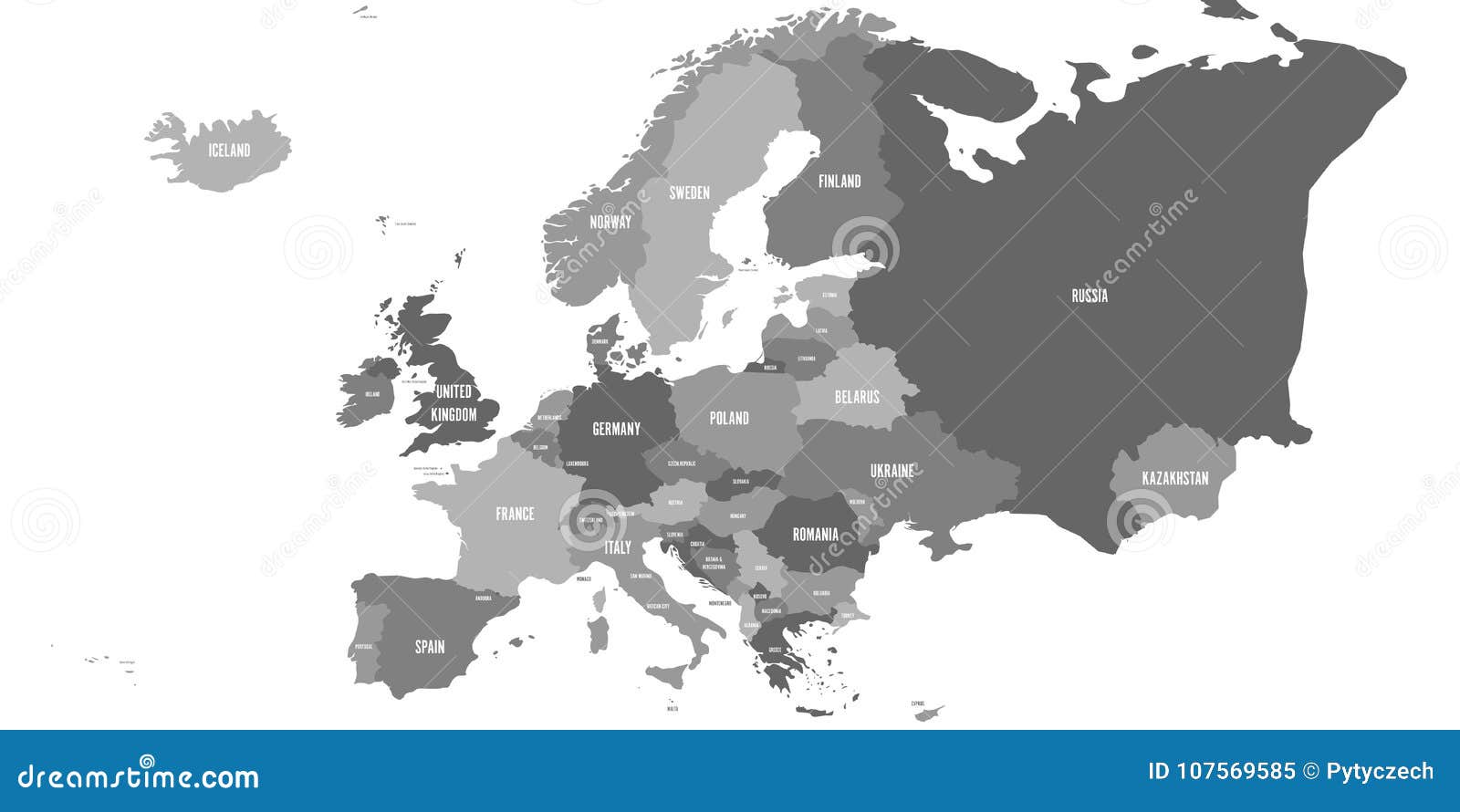 Политическая карта континента Европы в 4 тенях серого цвета С всей ...