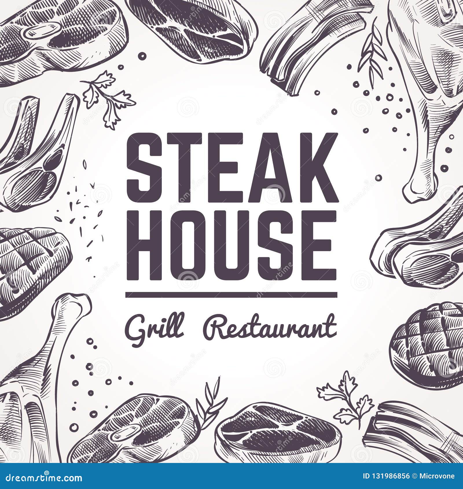 Hand drawn meat, Steak, Beef and Pork, Lamb Grill meat and sausage seamless pattern