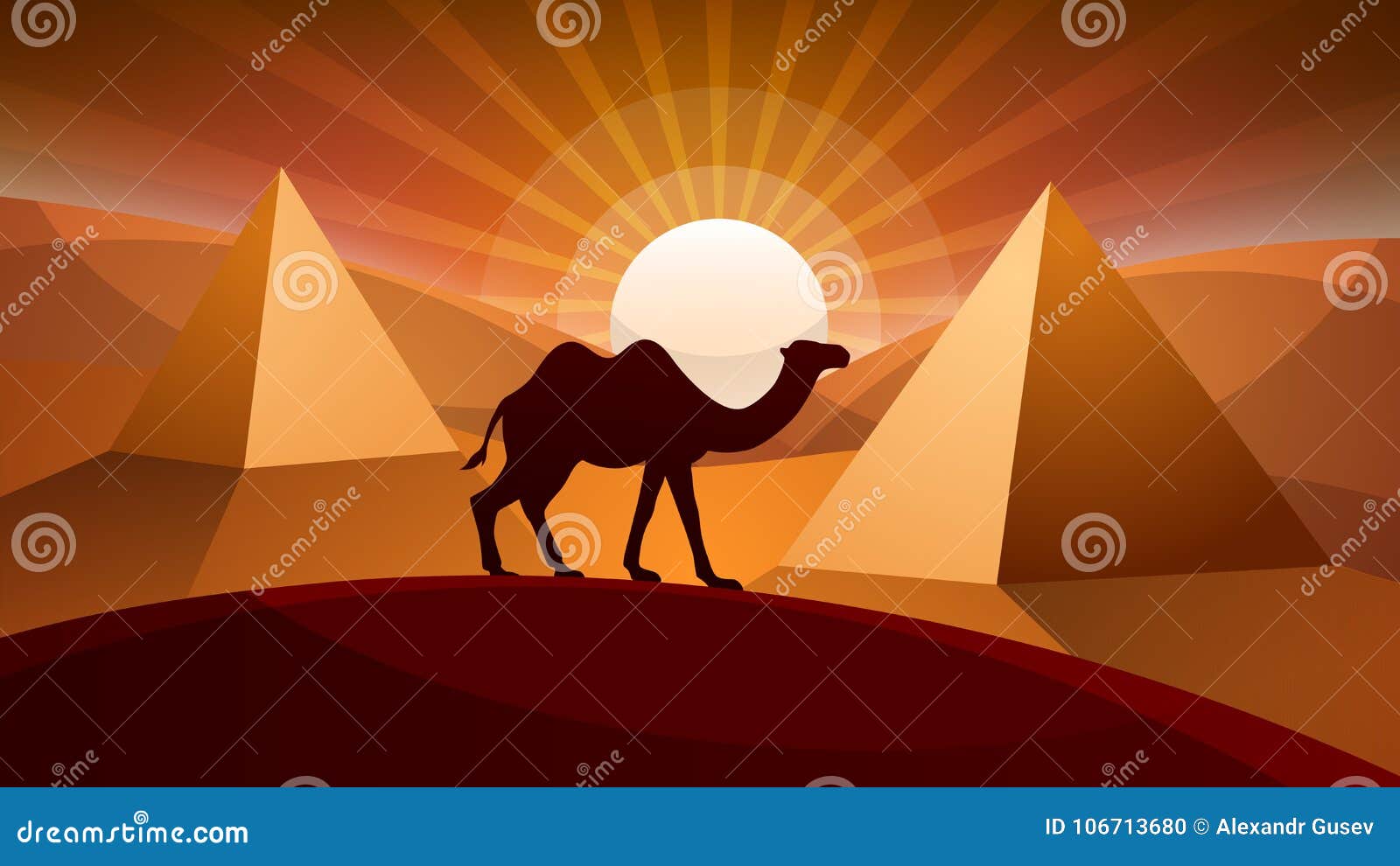 Пустыня с верблюдами и пирамидой вектор
