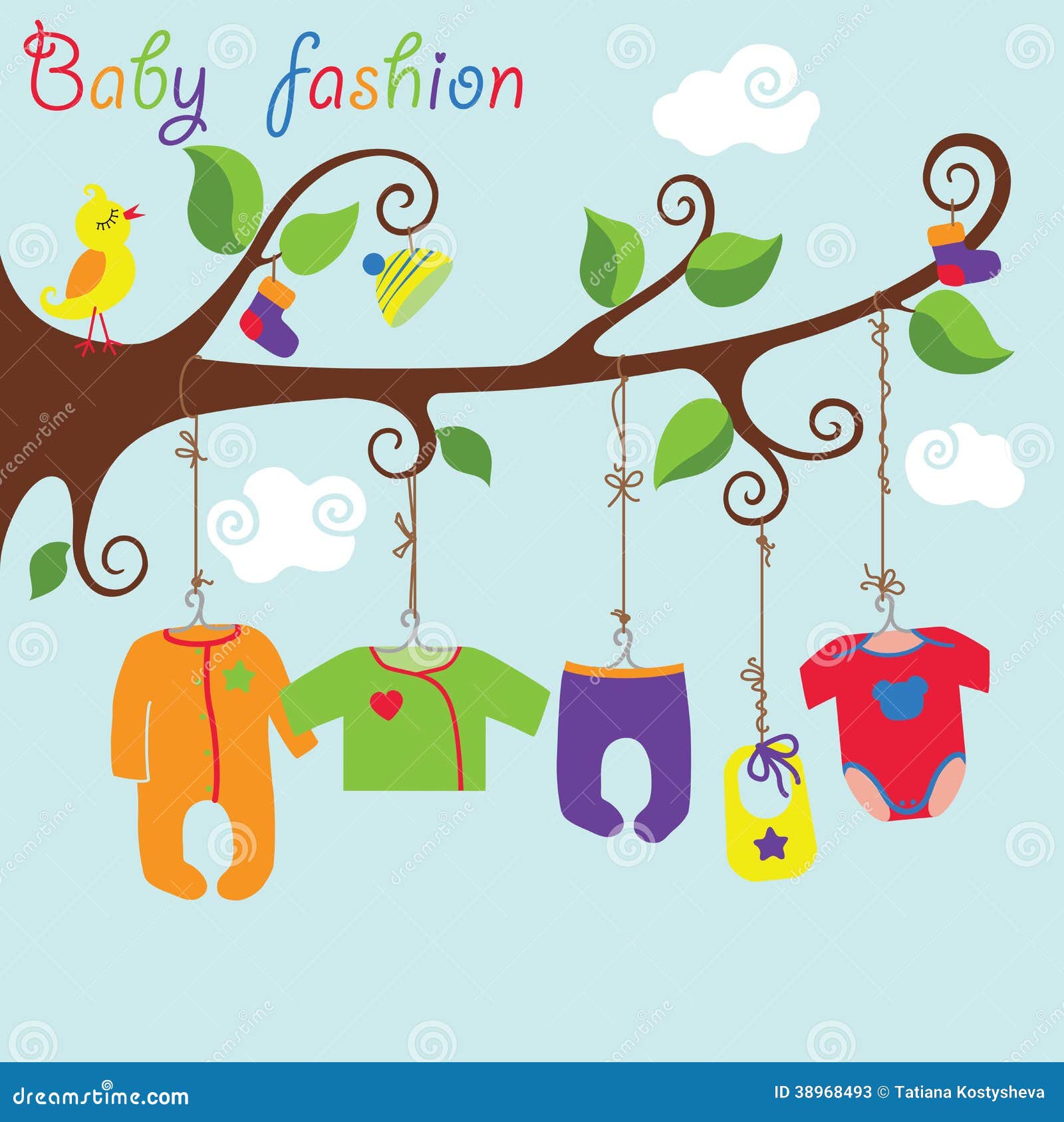 Рожденный младенец одевает смертную казнь через повешение на дереве. Мода младенца. Красочные одежды для newborn смертной казни через повешение младенца на веревочке в ветвях дерева. Мода младенца. Выскальзывание, тело, куртка, слайдеры, шляпы, носки, bib для девушек, мальчики и unisex. Смешная иллюстрация вектора.