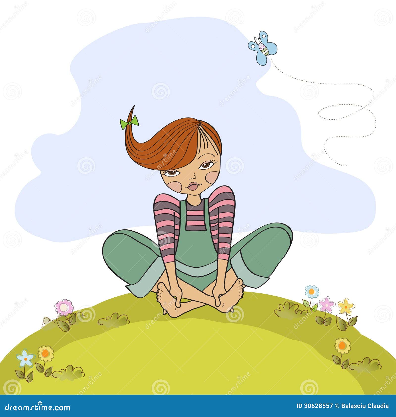 Иллюстрация девочка сидящая в траве