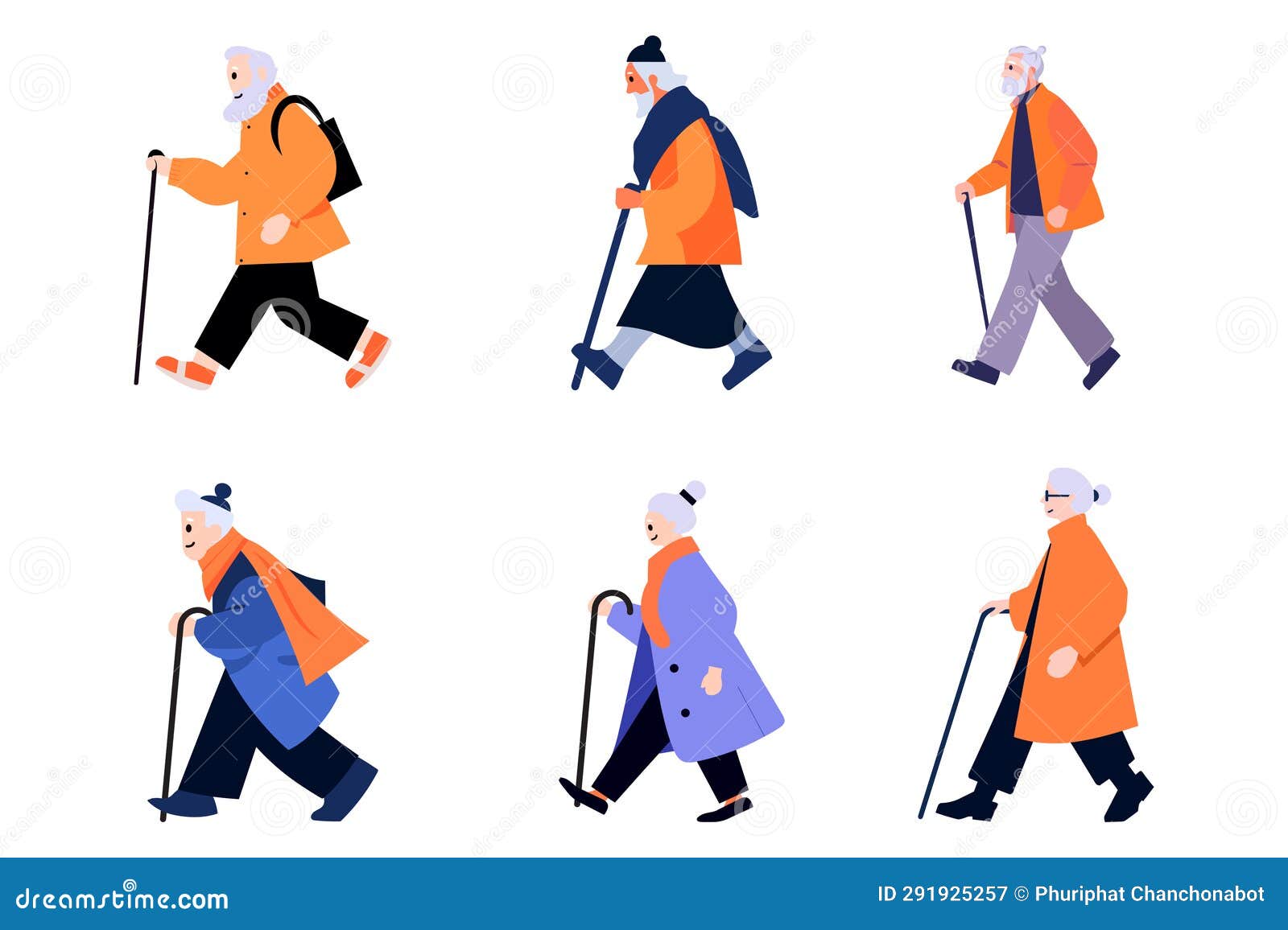 ручные старики ходят с тростниками в плоском стиле Иллюстрация вектора ...