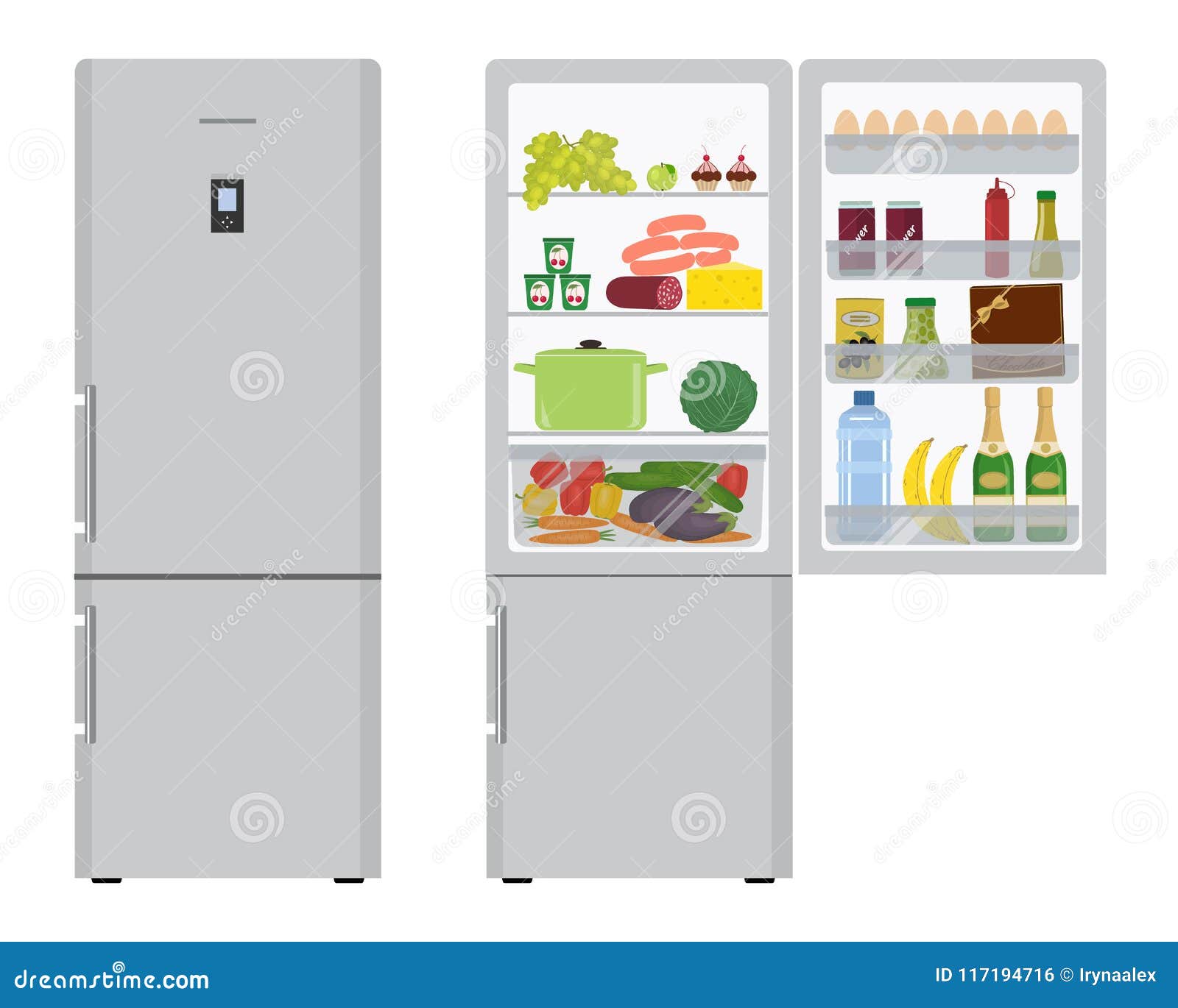 Холодильник с открытой дверцей на белом фоне