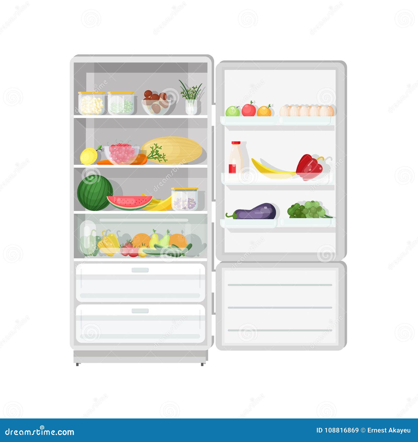 Открытый холодильник с продуктами на белом фоне