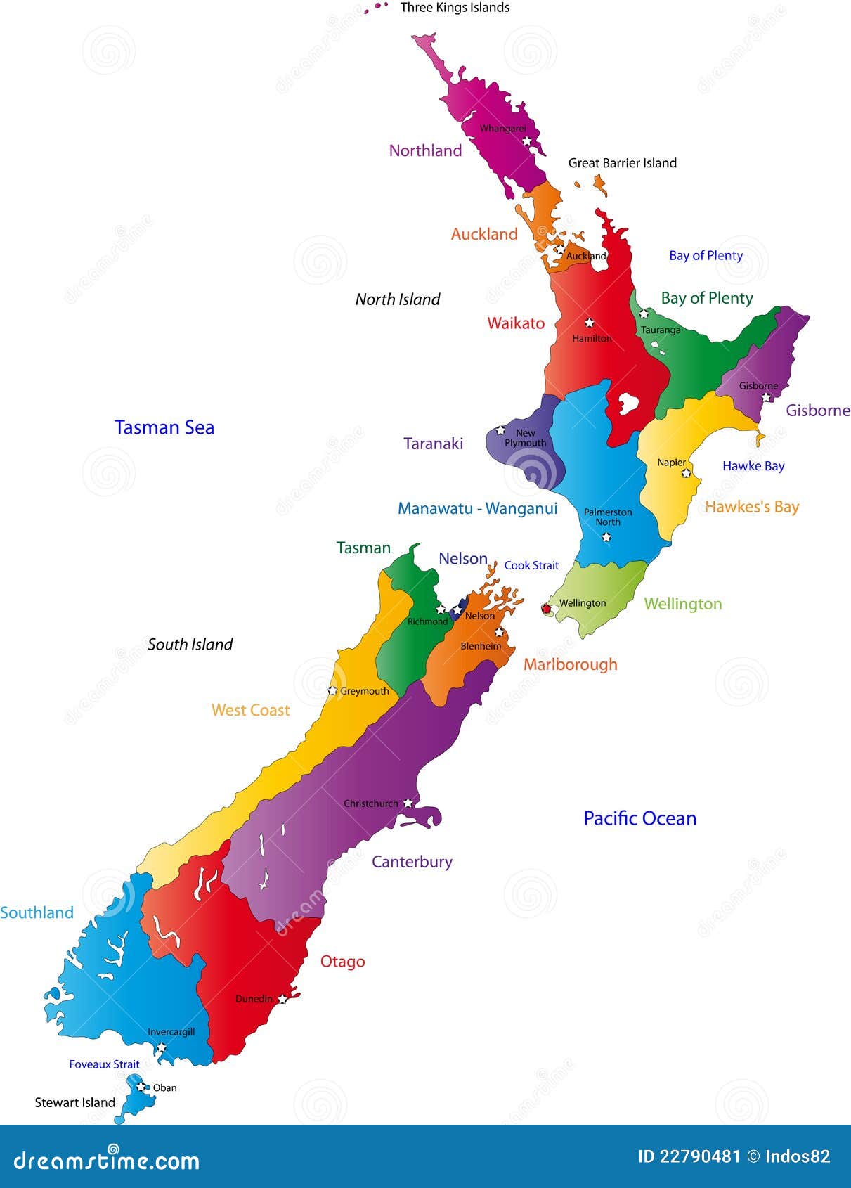 составьте карту Новая Зеландия. яркие города покрасили зоны zealand главной карты цветов новые