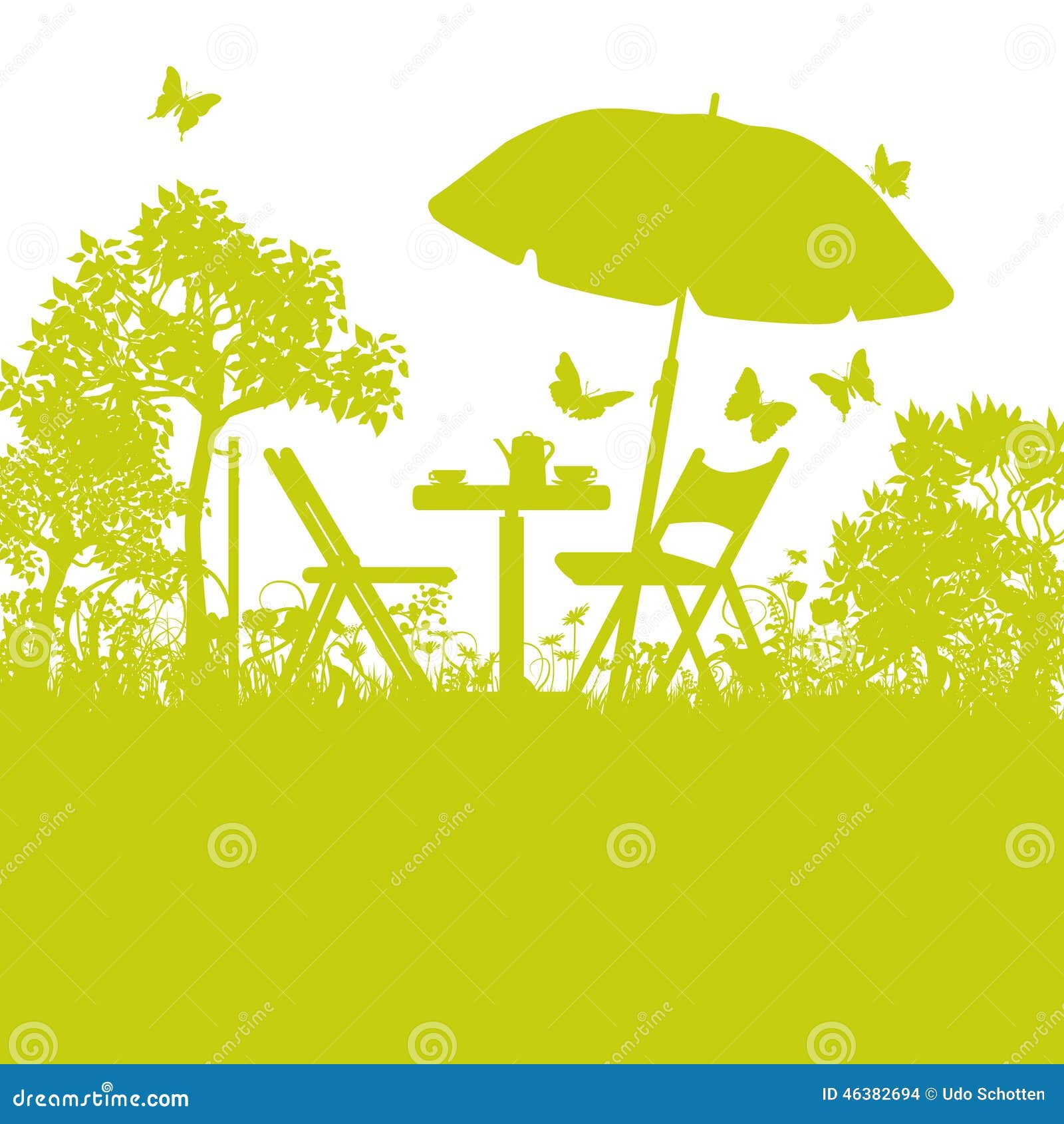 Стулья сада с зонтиком в саде Иллюстрация вектора - иллюстрации .