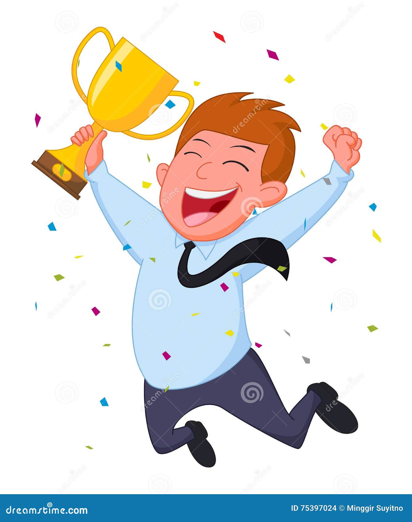 Счастливый бизнесмен с трофеем и confetti. Иллюстрация счастливого бизнесмена с трофеем и confetti