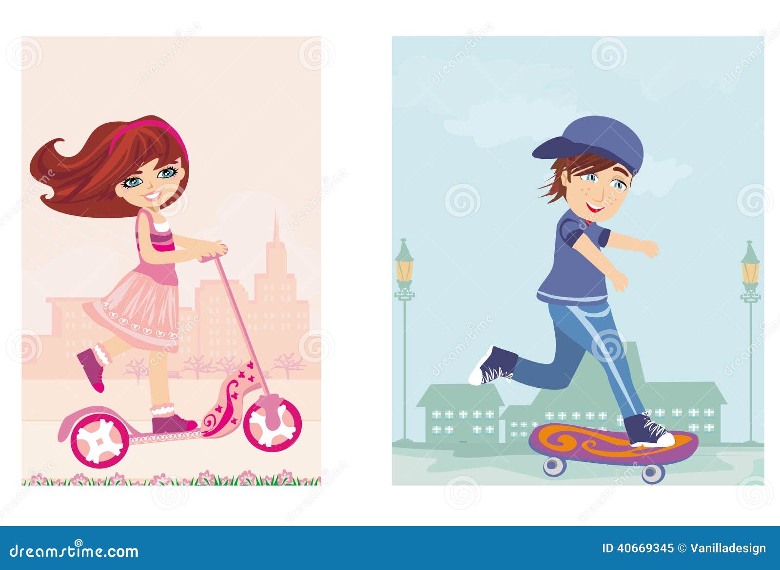 Счастливый мальчик на скейтборде и девушке на самокате, иллюстрации