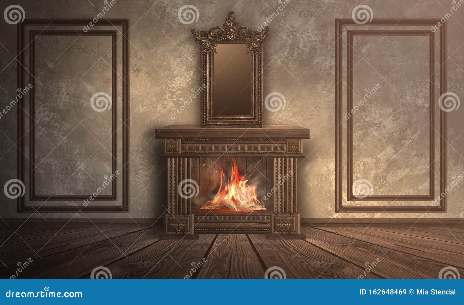 Темная комната с кирпичными стенами Деревянный камин, огонь горит Сцена ...