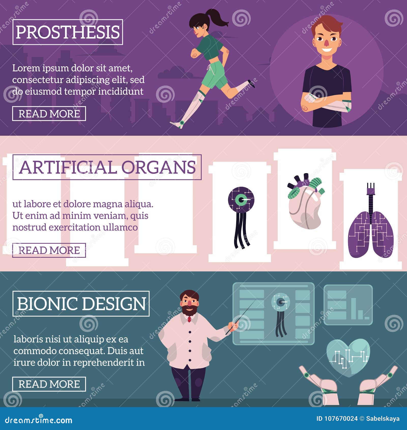 Установленные плакаты бионических органов вектора infographic. Vector бионические органы в плакатах современной медицины схематических infographic с космосом для иллюстрации текста Современные технологии в протезировании, делая робототехнические внутренние органы и bioprinting дизайн