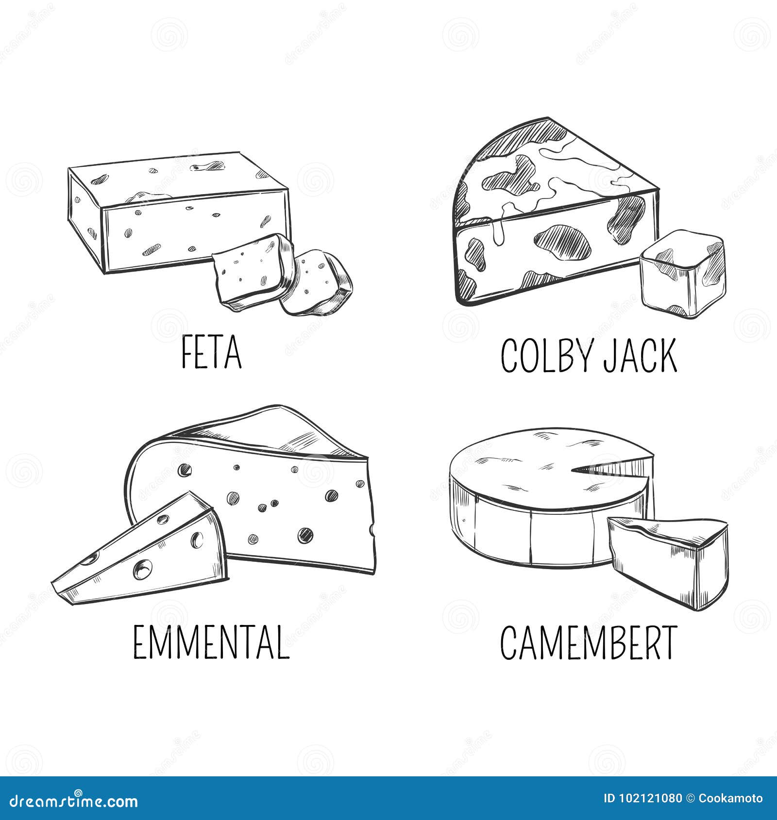 Фета и Colby эскиз Jack, Эмменталя и сыра Иллюстрация вектора