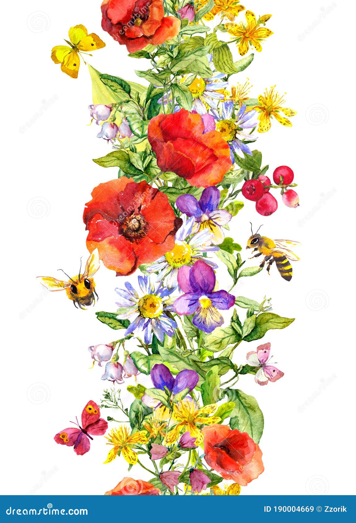 Флористическая повторяя граница с цветами и пчел меда бабочки насекомых ...