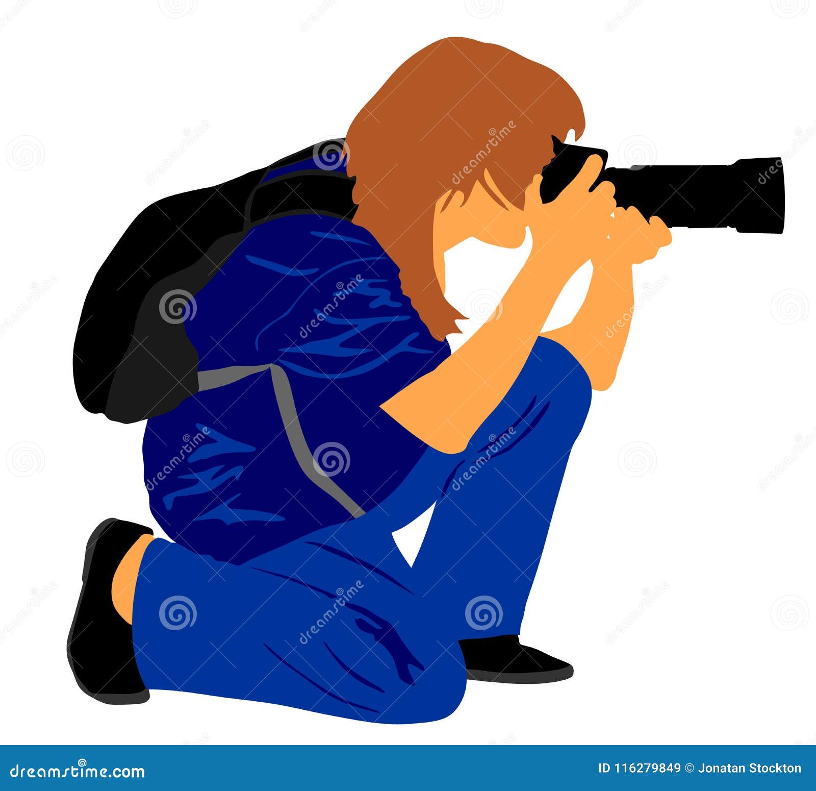 Фотограф ландшафта с камерой без треноги Дама репортера фото на ...