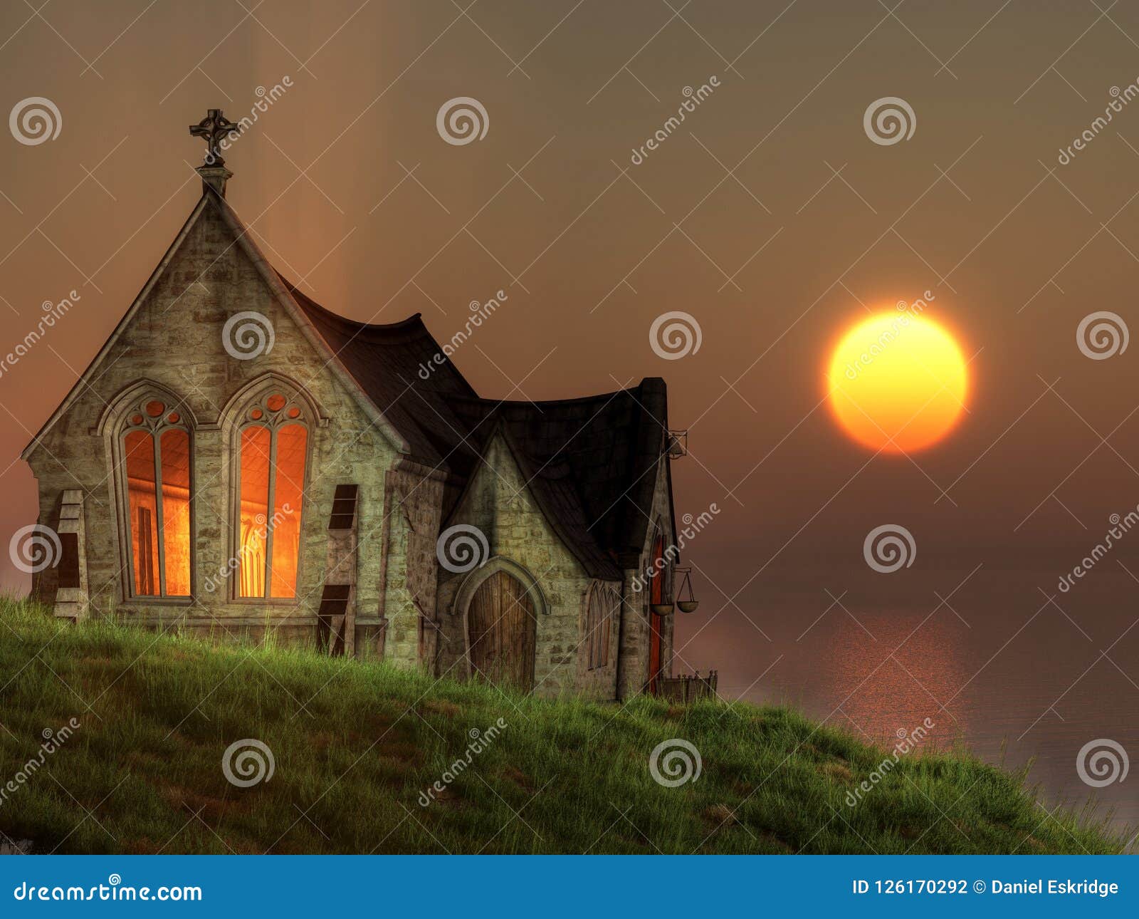 Часовня захода солнца морем. Маленькая церковь сидит на скале стороны моря За им солнце устанавливает над океаном Светлые блески внутри маленькая часовня перевод 3d